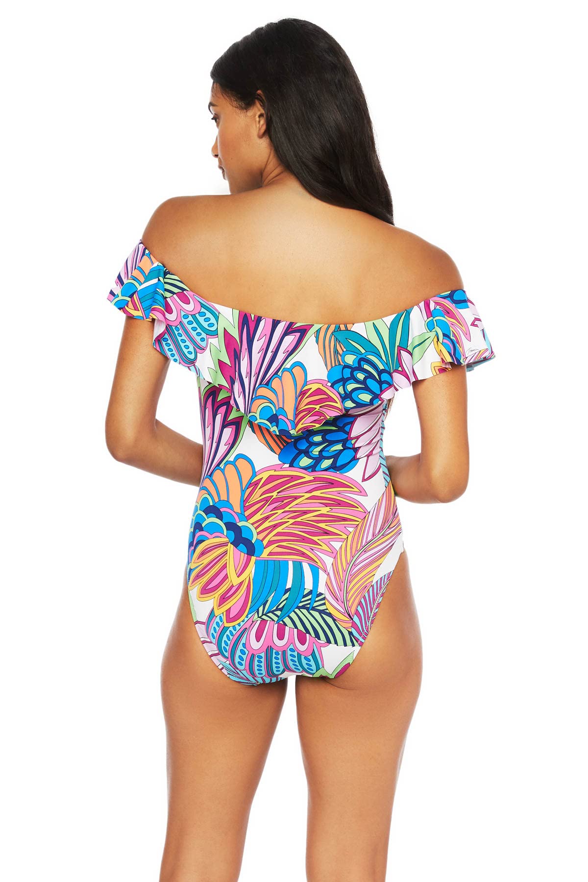 Trina Turk Women's Off-The-Shoulder Ruffle Bandeau One Piece Swimsuit | Flattering Swimwear for Beach & Pool | Summer Vacation Essentials
