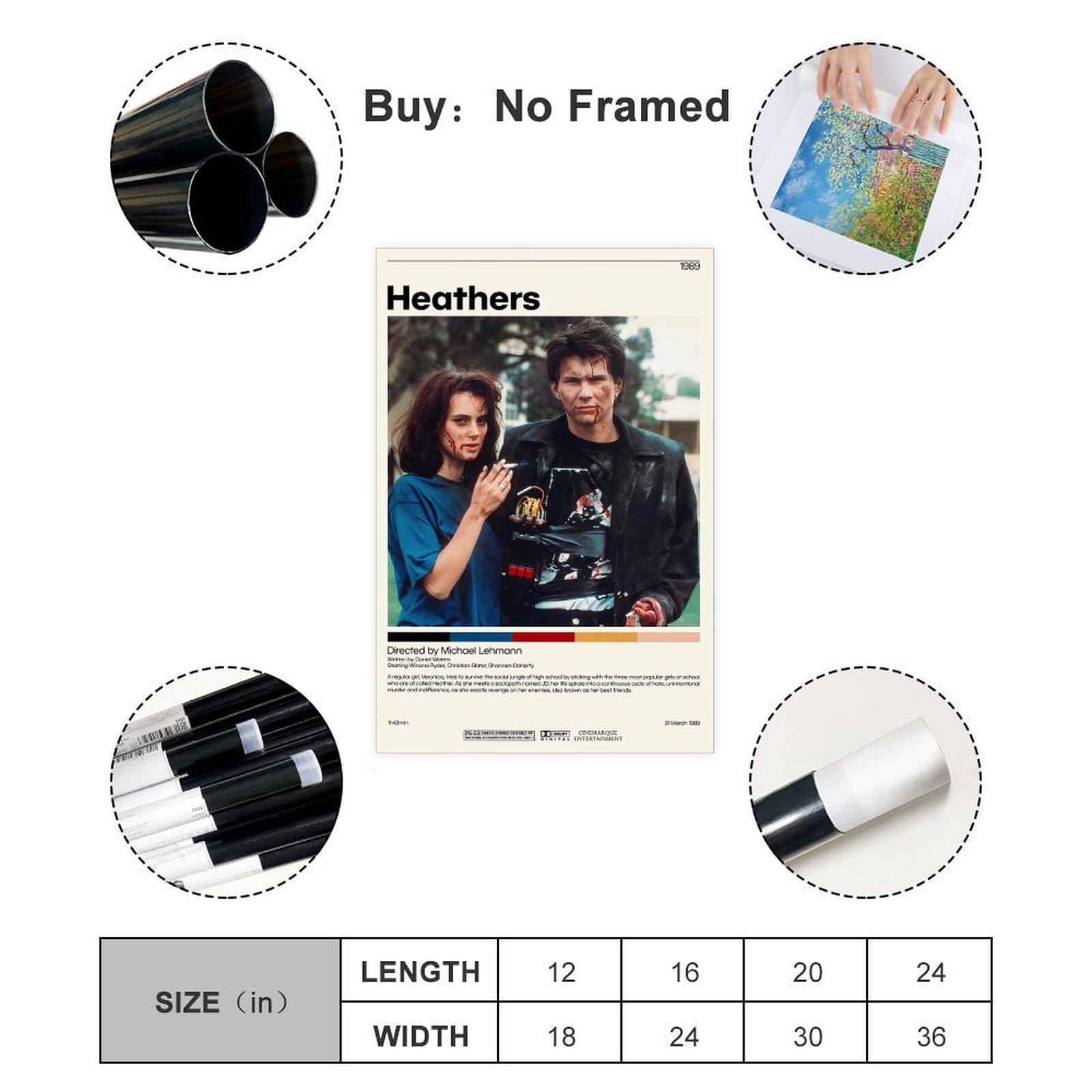 Heathers Classic Retro Movie Poster - Cool Wall Art Print, Unframed Canvas Decor for Room Aesthetic, Perfect Gift (12x18 inches, 30x45cm) - Ideal for Home, Office, Dorm & Theater Room Decor