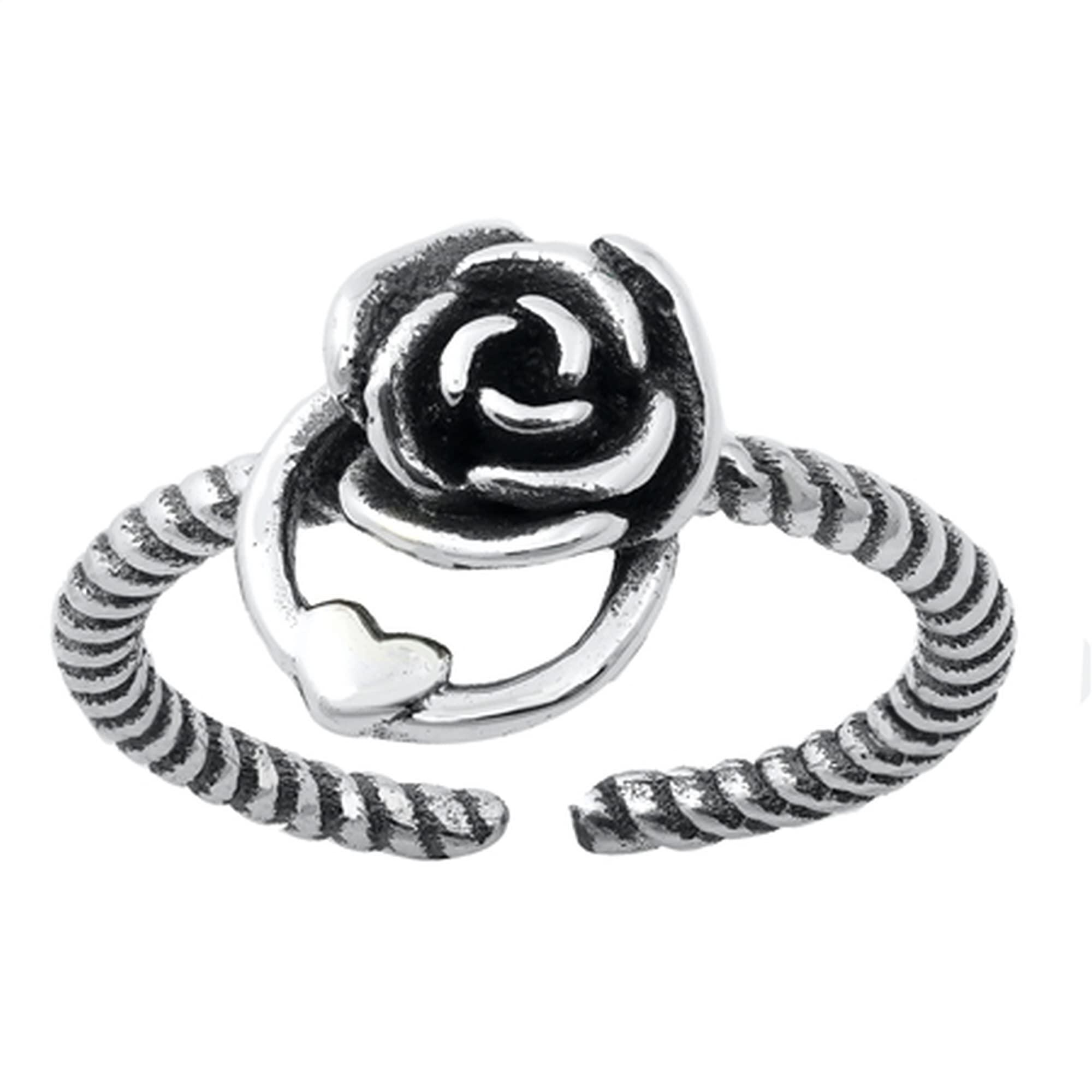 925 Sterling Silver Oxidized Rose & Heart Adjustable Toe Rings for Women - Boho Chic Foot Jewelry - Perfect for Beach, Summer & Pedicure Days