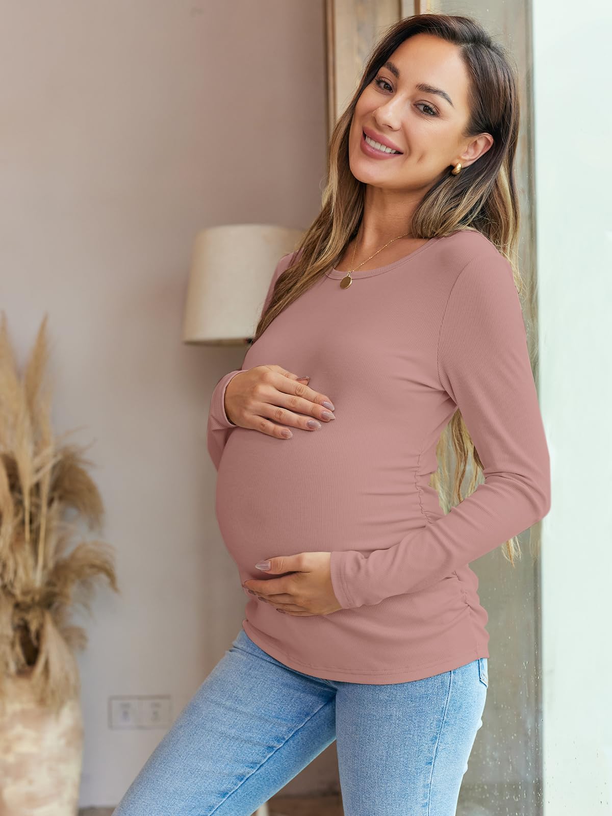Women's Maternity Long Sleeve Ribbed Knit Blouse - Slim Fitted Crew Neck Pregnancy Top with Side Ruched Design | Perfect for Fall Season & Office Wear