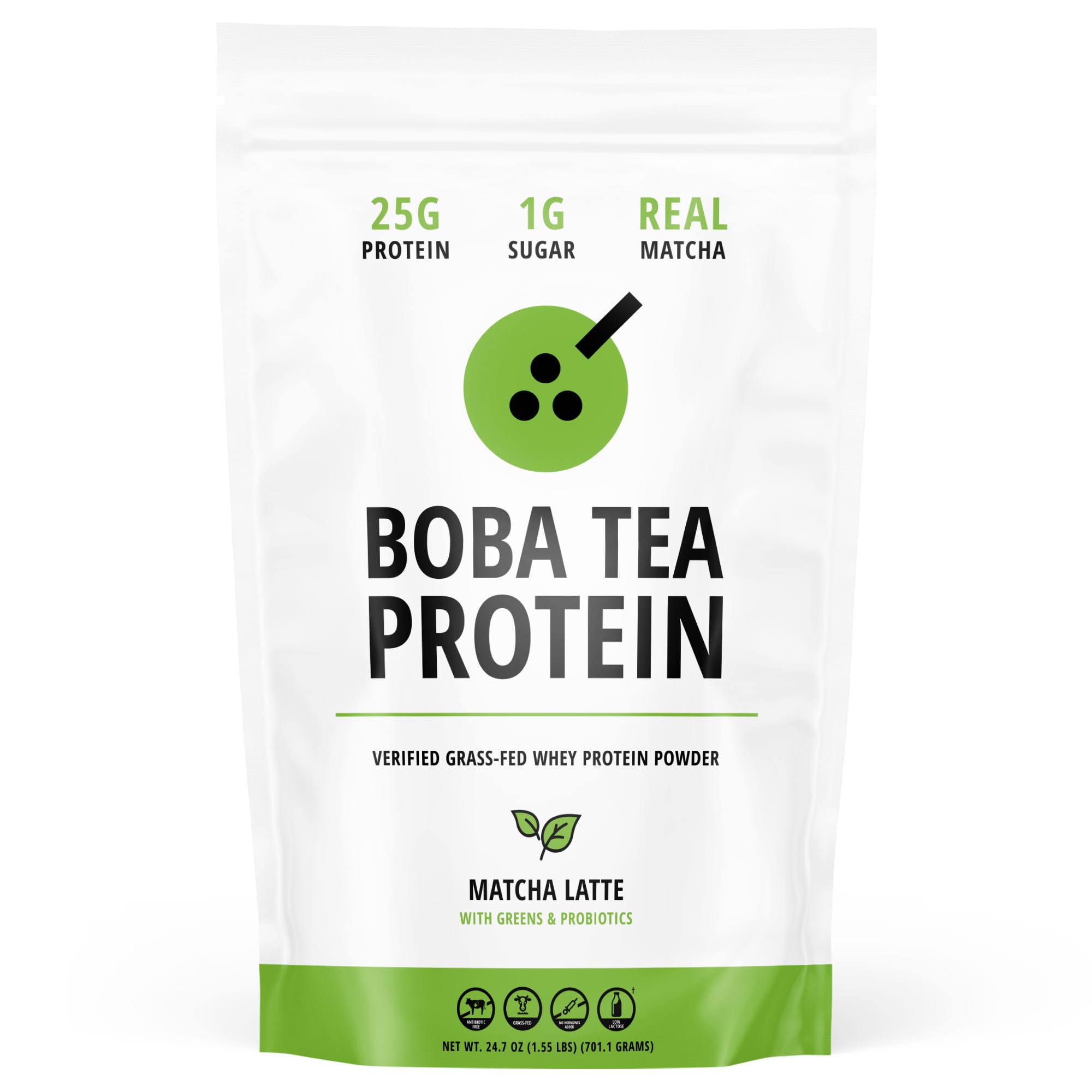 Boba Tea Protein Matcha Latte Powder | 25g Grass-Fed Whey Protein Isolate | Gluten-Free, Soy-Free & Lactose-Free Protein Drink | 19 Servings with Real Ingredients | Perfect for Post-Workout Recovery, Healthy Snacking & Bubble Tea Lovers