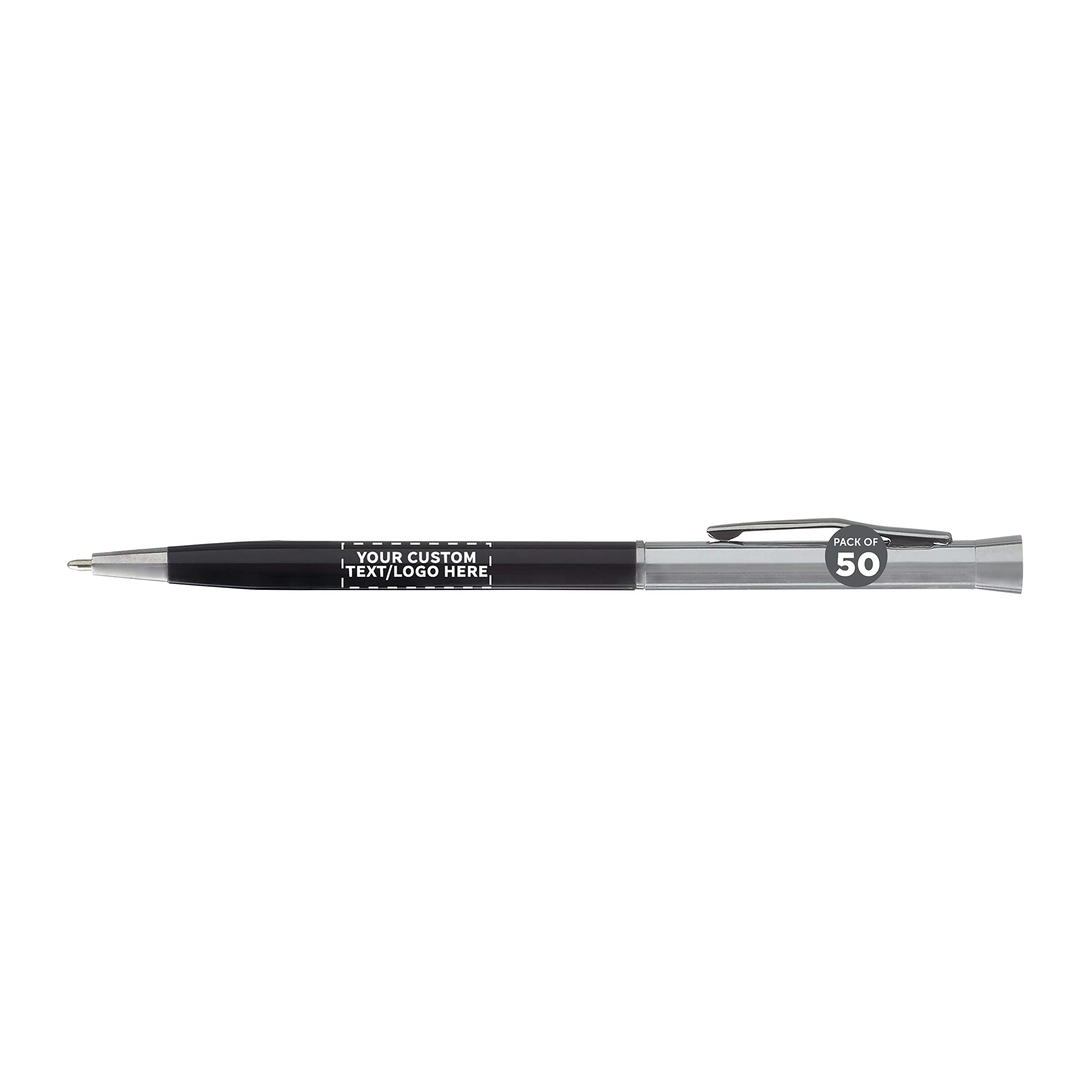 50 Pack Slim Metal Hotel Pens - Customizable Text & Logo - Two-Tone Minimalist Design with Black Ink - Perfect for Corporate Gifts, Events & Promotions