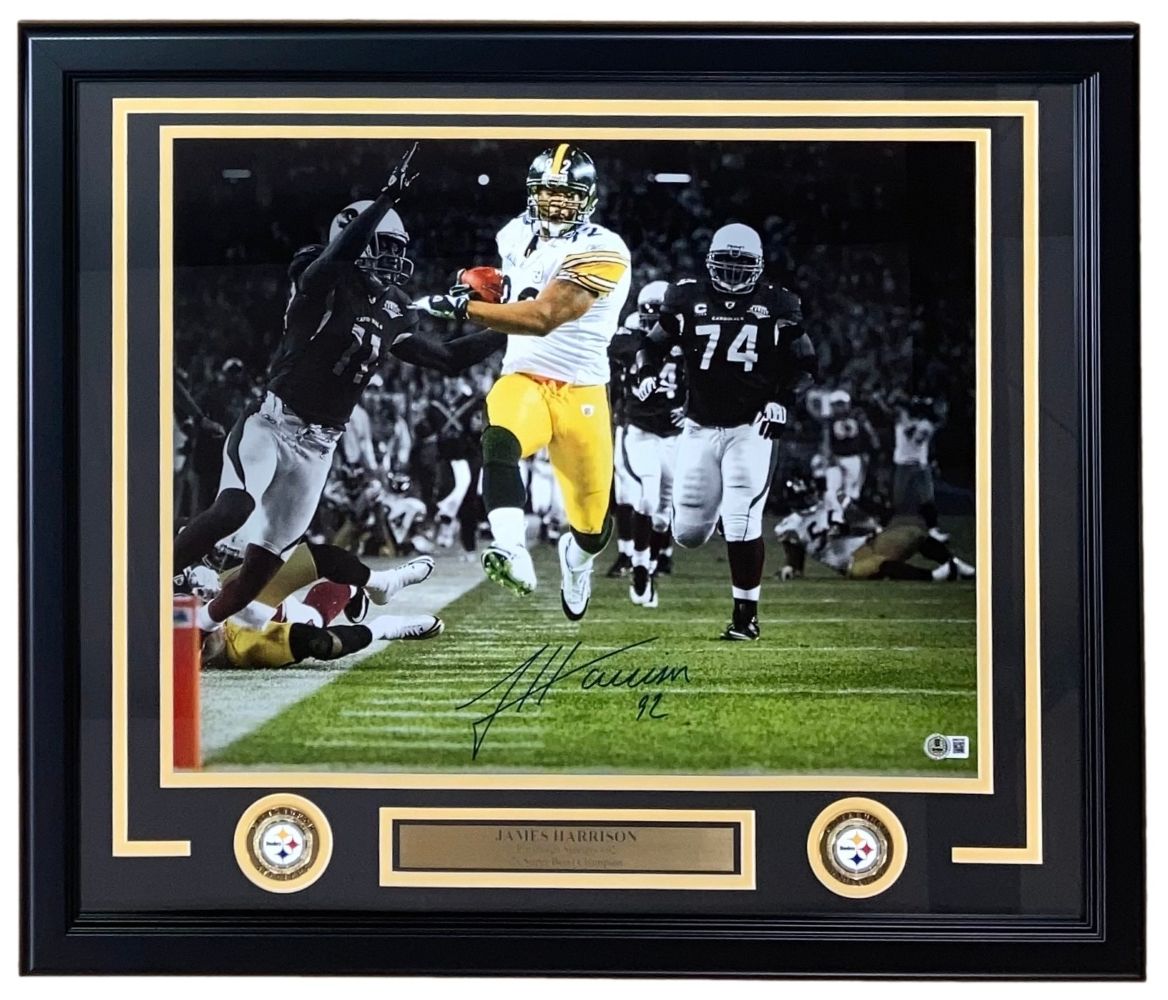 James Harrison Autographed Framed 16x20 Pittsburgh Steelers Super Bowl XLIII Photo with BAS ITP COA - Perfect for Sports Memorabilia Collectors, Man Cave Decor, and Steelers Fan Gifts