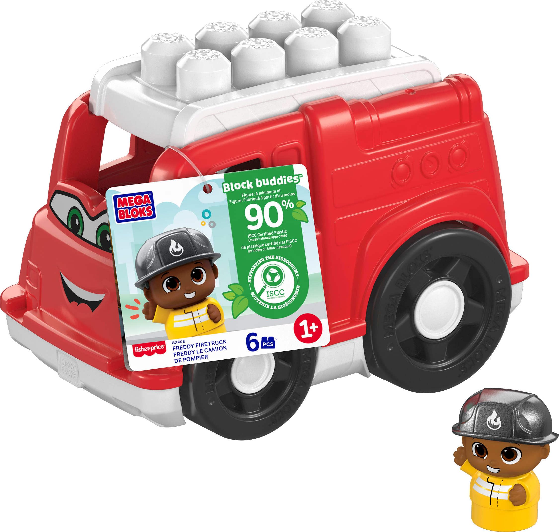 Mega BLOKS First Builders Toddler Building Blocks Toy Set - Freddy Firetruck with 6 Pieces, Storage Bag & 1 Figure, Red, Ages 1+ Years | STEM Learning Toy for Toddlers, Early Childhood Development & Creative Play
