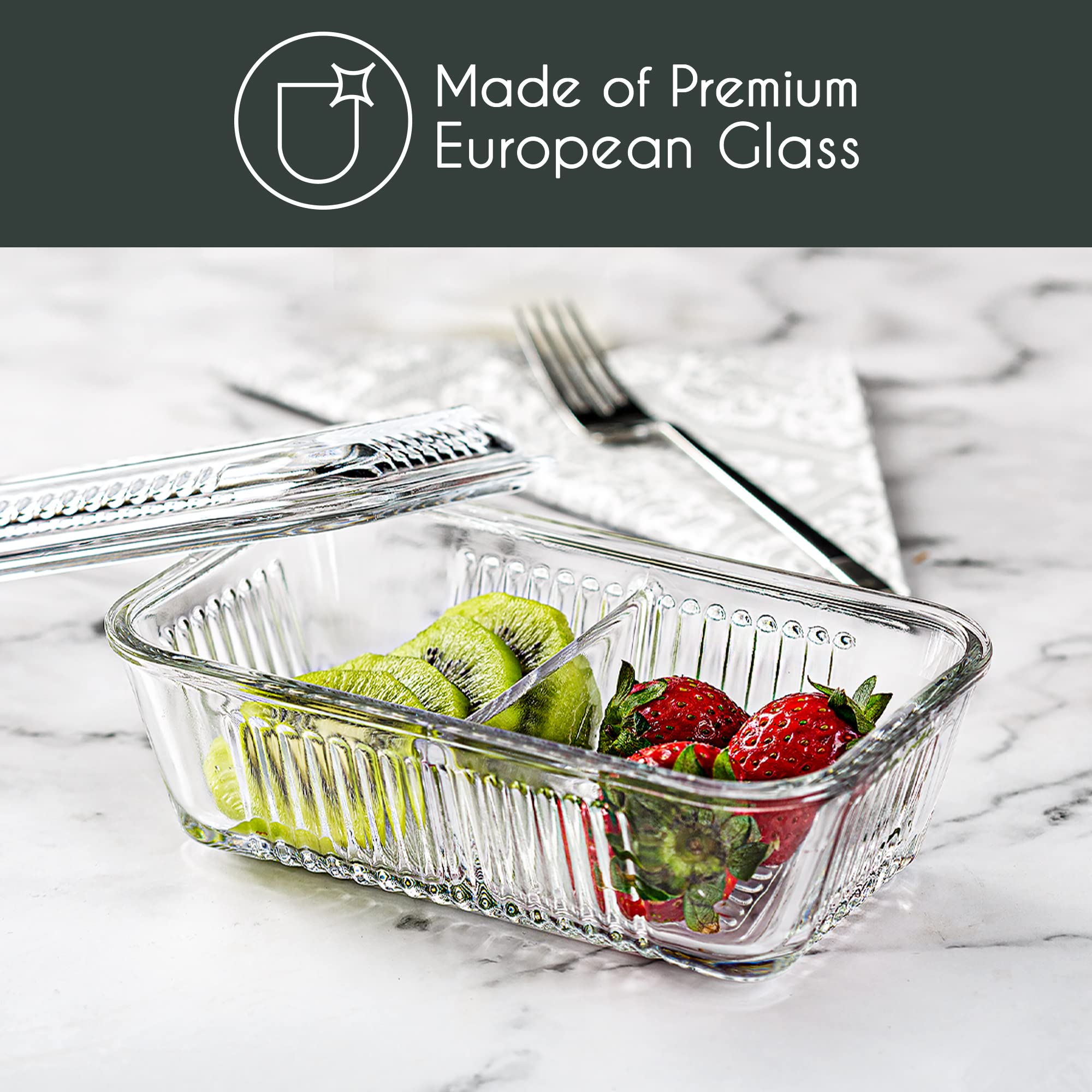 Crystalia 2-Compartment Glass Food Storage Containers with Lids - 13.7 oz Divided Meal Prep Containers for Butter, Honey, Lunch, Snacks & Leftovers - Perfect for Kitchen Organization, Meal Prepping & On-the-Go Lunches