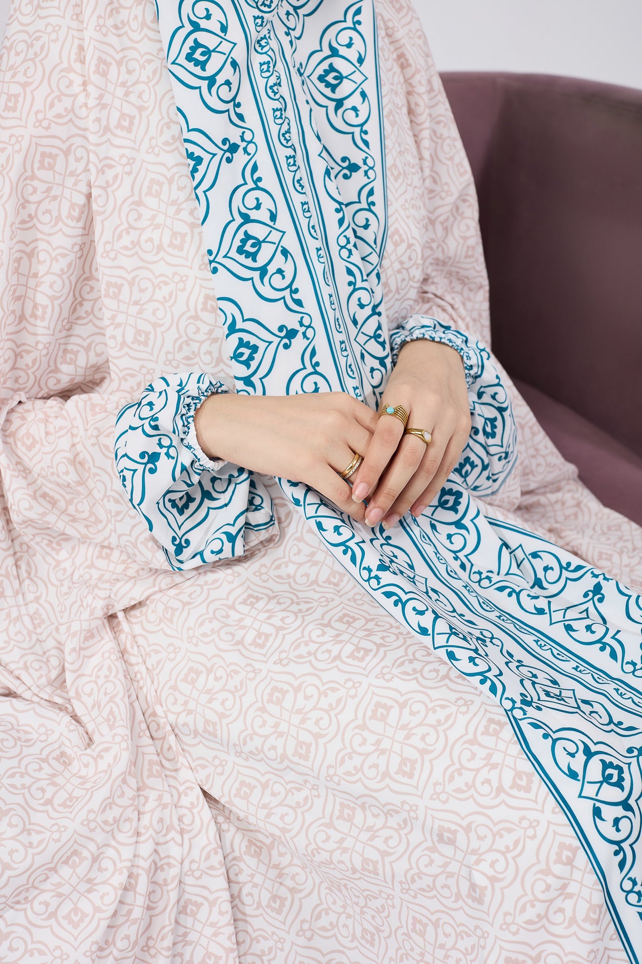 Elegant Nahlah Satin Prayer Gown with Blue Moroccan Print & Elastic Cuffs - Perfect for Muslim Women's Home Worship & Special Occasions
