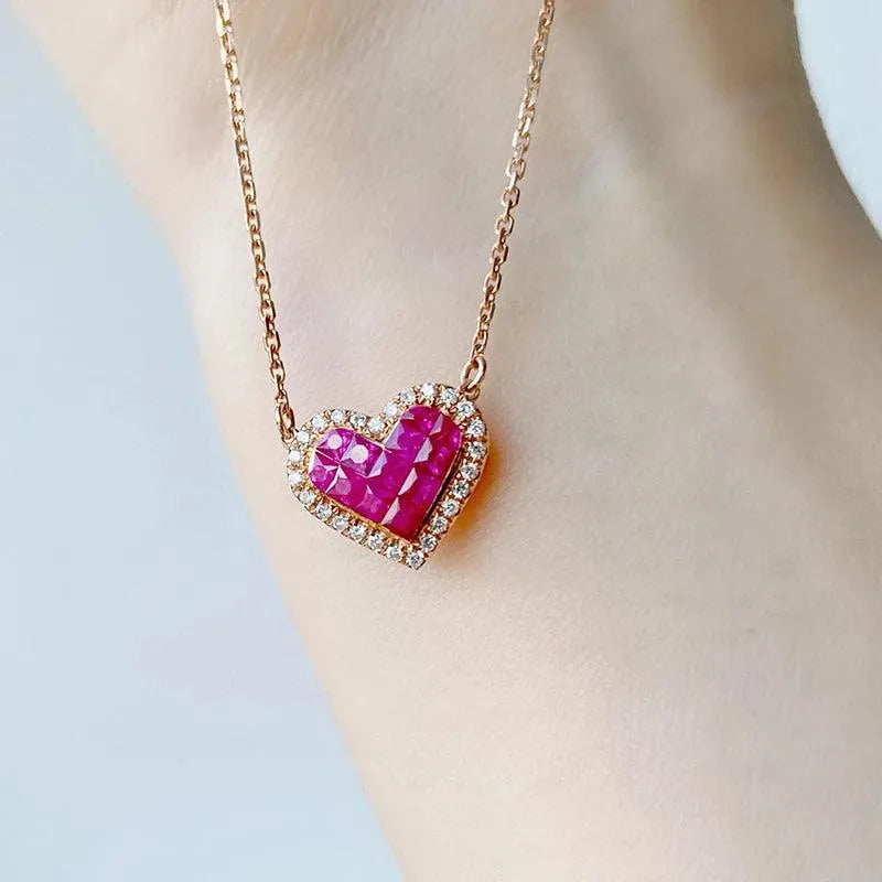 18K Rose Gold Natural Ruby Heart Pendant Necklace for Women - 18 Inch Chain, Luxury Gift for Valentine's Day, Anniversary & Special Occasions