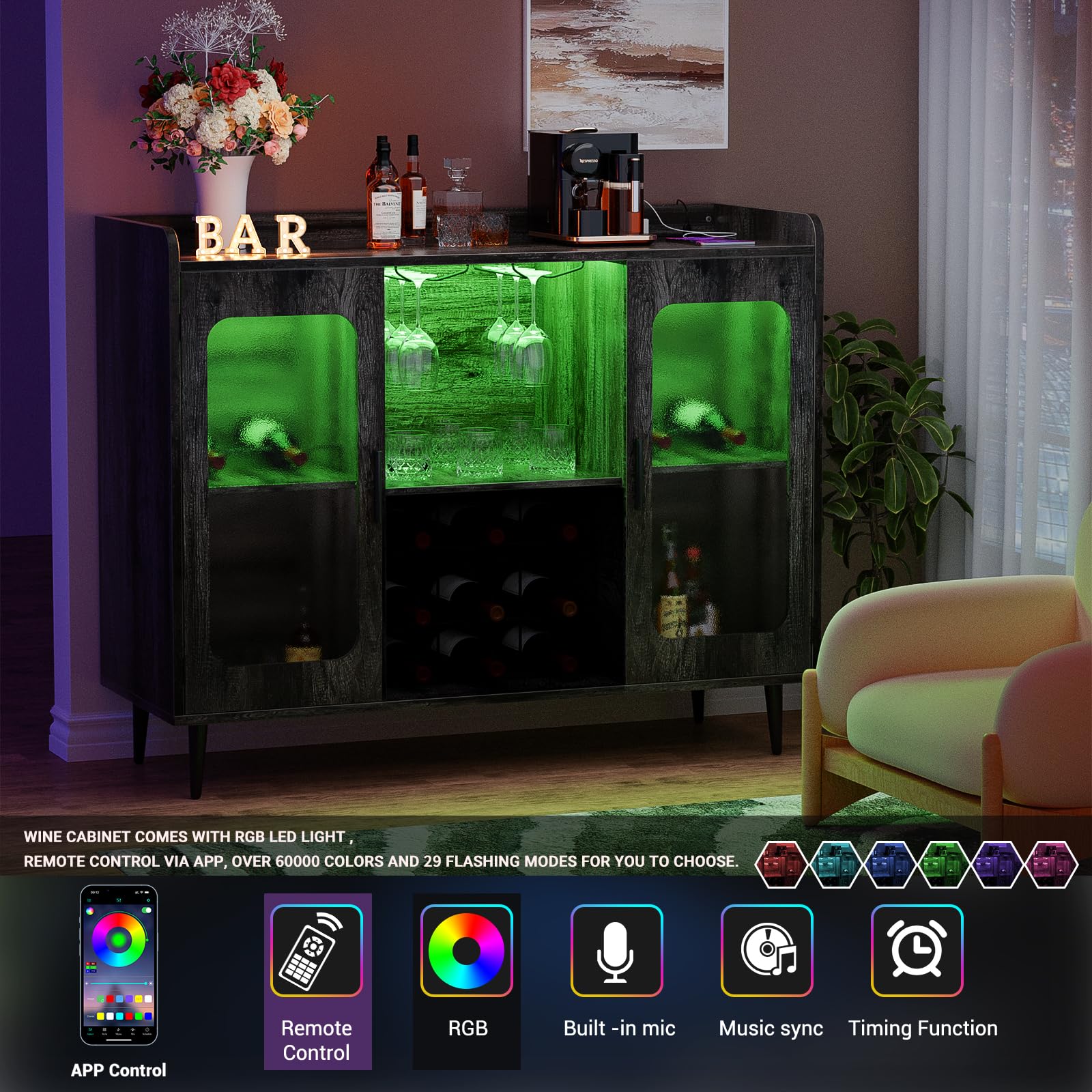 Black Oak Liquor Cabinet Bar with Power Outlet & LED Lights - Wine Storage Cabinet with Glass Rack for Kitchen, Dining Room - Perfect for Home Bars, Entertaining Guests & Wine Storage