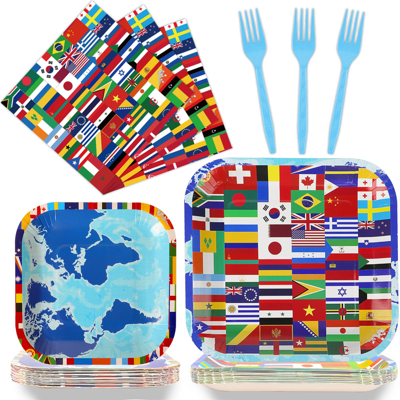 96 Pcs International World Flags Plates & Napkins Set - Travel Themed Party Supplies for Baby Shower, Birthday, Retirement Decorations - Around the Globe Tableware Favors Serving 24 Guests - Perfect for Travel-Themed Parties, Cultural Events & Global Celebrations