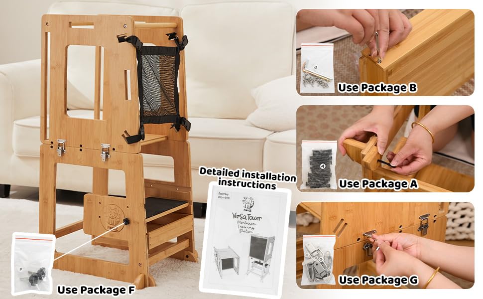 4-in-1 Bamboo Convertible Toddler Tower with Storage - Kitchen Helper, Weaning Table, Step Stool & Learning Tower for Kids 1-3 Years | Foldable Montessori Toddler Desk for Baking, Cooking & Playtime Activities