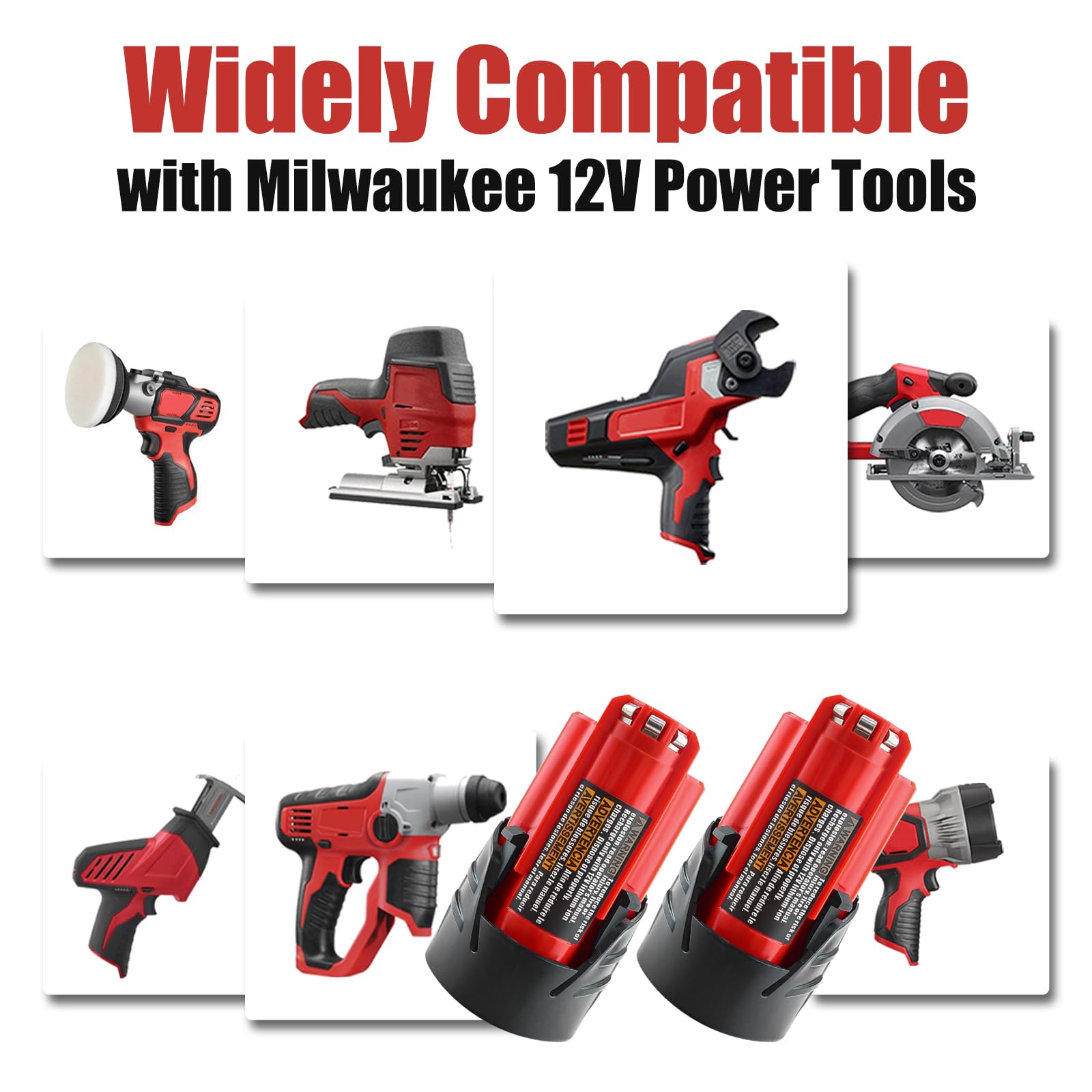 2-Pack Milwaukee 12V 3.0Ah Lithium-Ion Replacement Battery - Compatible with 48-11-2411, 48-11-2420, 48-11-2401, 48-11-2402 Models - Works with Milwaukee 12V Cordless Power Tools (Red) - Perfect for Drills, Screwdrivers, and Other 12V Milwaukee Tools