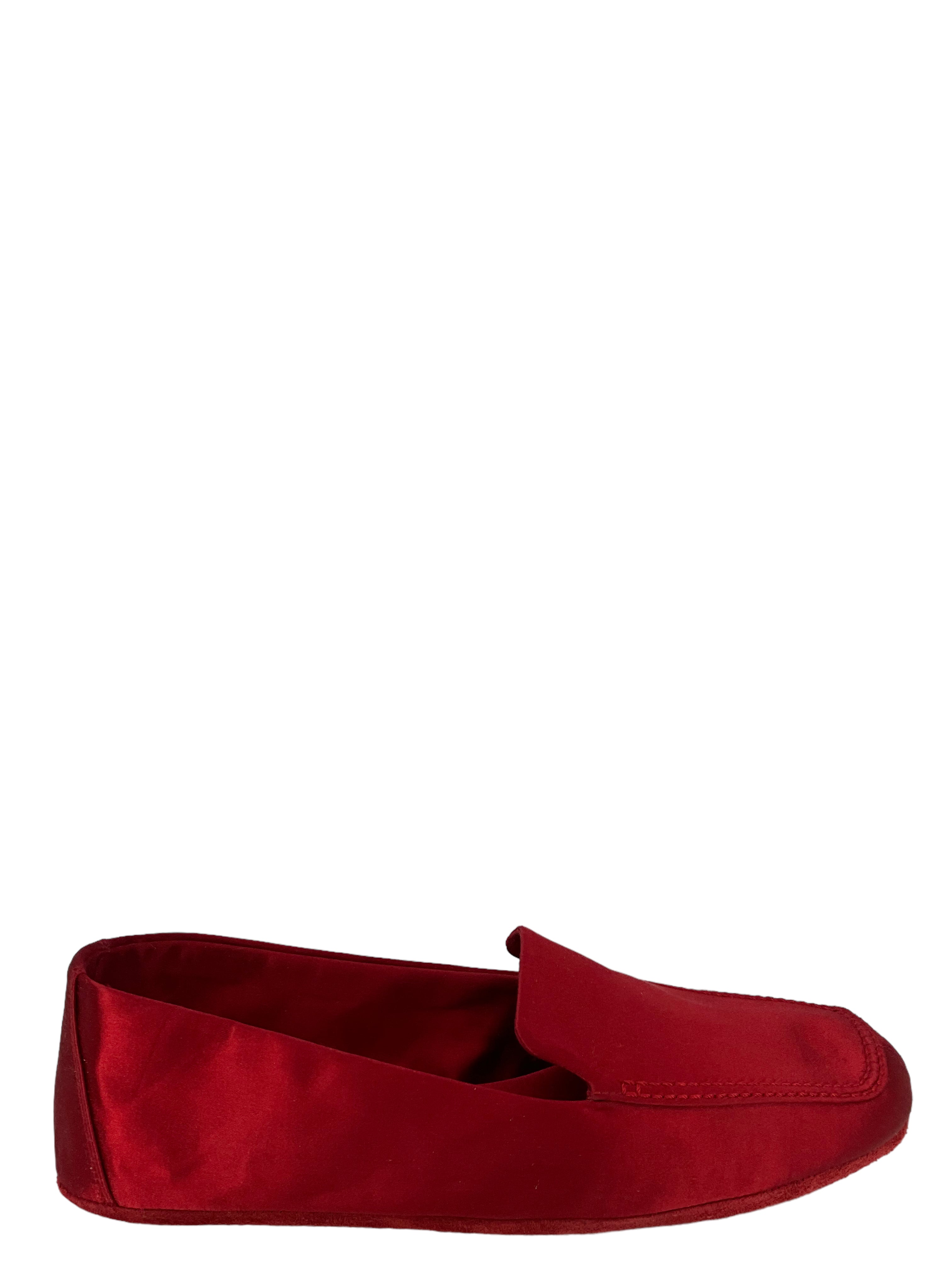 Prada Red Satin Ballet Flats Women's Size 10 with Matching Travel Bag - Elegant Comfort for Work, Travel and Special Occasions