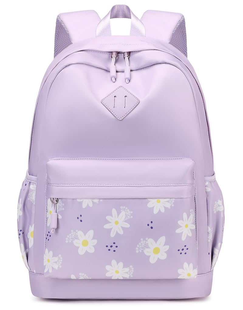 Floral Print Girls Backpack for School - Lightweight Water Resistant Travel Backpack for Women & Teens - Cute Daisy Daypack for Laptop, Books & Daily Use - Perfect for School, College, Work & Weekend Trips - Purple