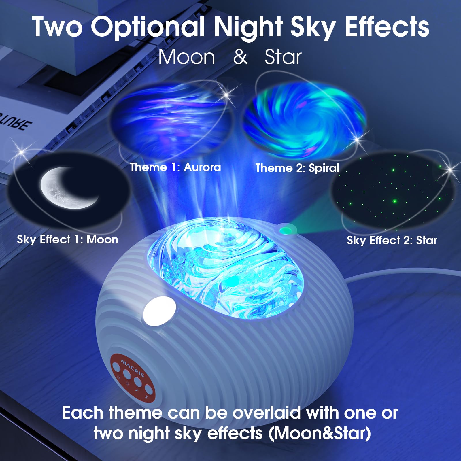 ALACRIS Galaxy Projector - 4-in-1 Star Night Light with Aurora, Spiral Galaxy, Moon & 16 Colors | Timer & White Noise for Bedroom, Nursery, Meditation & Relaxation