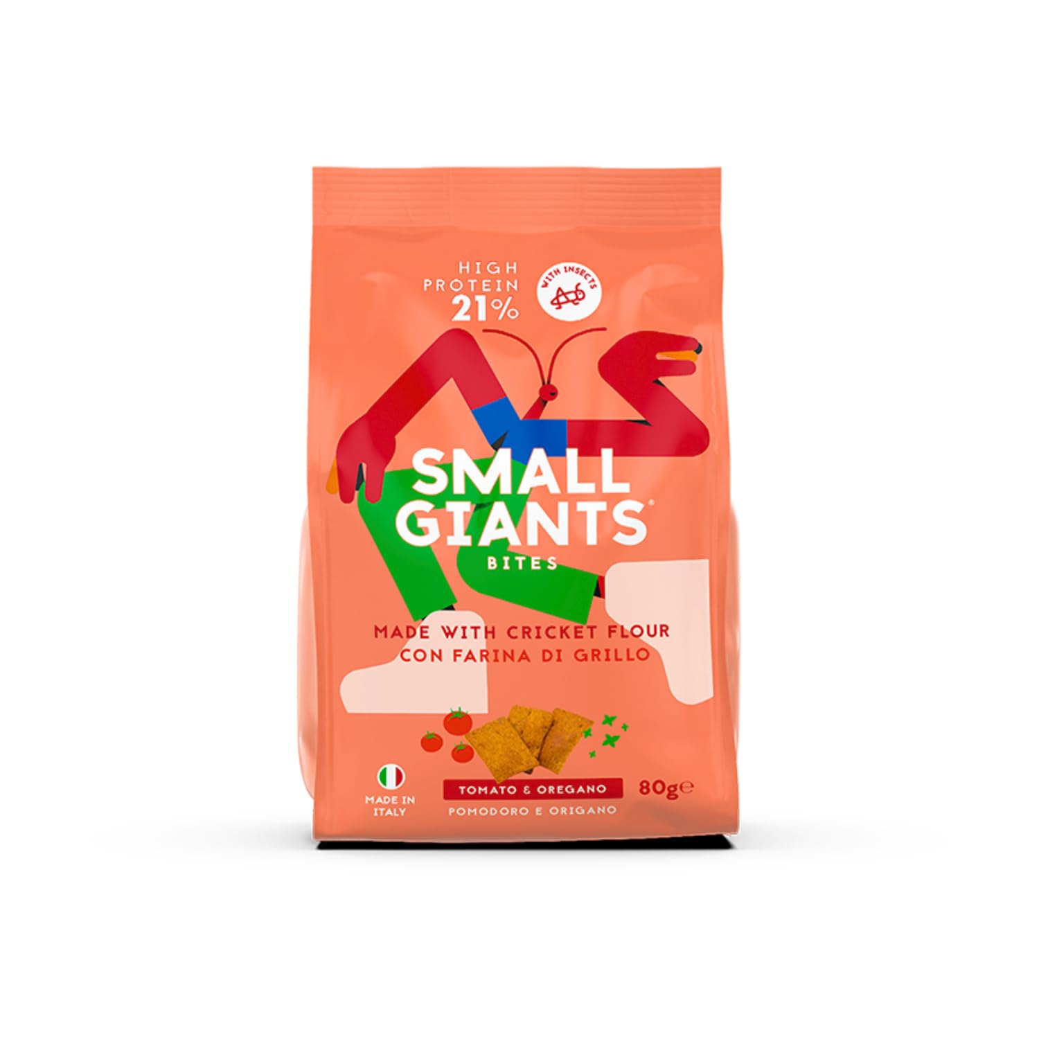 SMALL GIANTS® | Crackers Proteici con Farina di Grillo - Pomodoro & Origano | High Protein, Vit.B12, Omega3, Proteine Sostenibili, Senza Zuccheri Aggiunti | Snack Sano per Fitness e Dieta