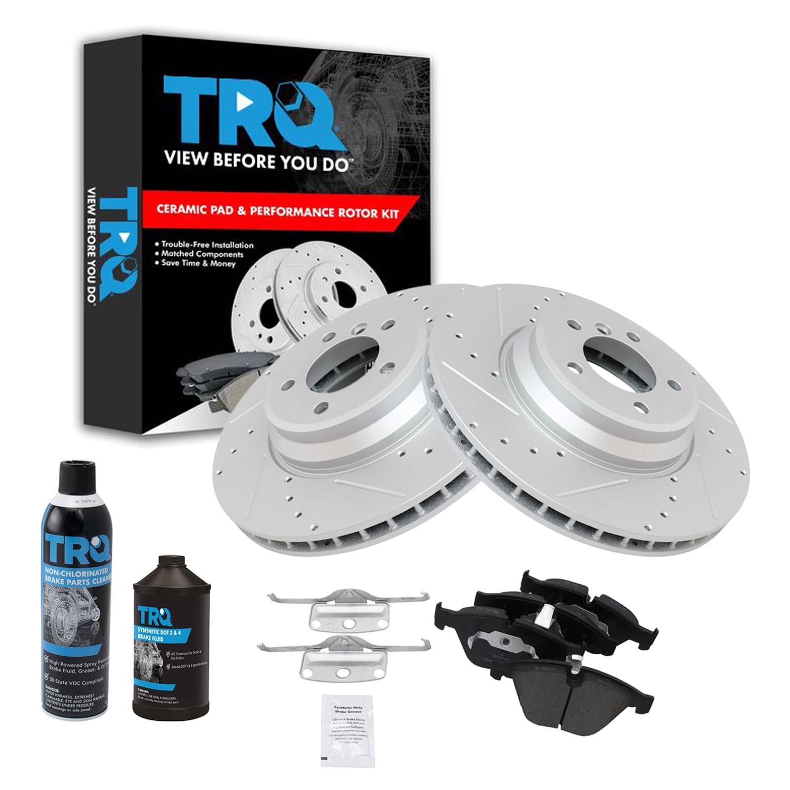 TRQ Premium Ceramic Front Brake Pad & Rotor Kit - G-Coated, Slotted & Drilled - Fits BMW 09-11 335d, 07-13 335i, 09-13 335i xDrive, 11-13 335is, 07-08 335xi, 13-15 X1 - Enhanced Stopping Power for High-Performance Driving & Daily Commute
