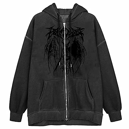 Y2K Vintage Graphic Oversized Zip Up Hoodie for Women - Aesthetic Long Sleeve E-Girl Streetwear Jacket | Perfect for Casual Outfits, Street Style & Instagram Fashion