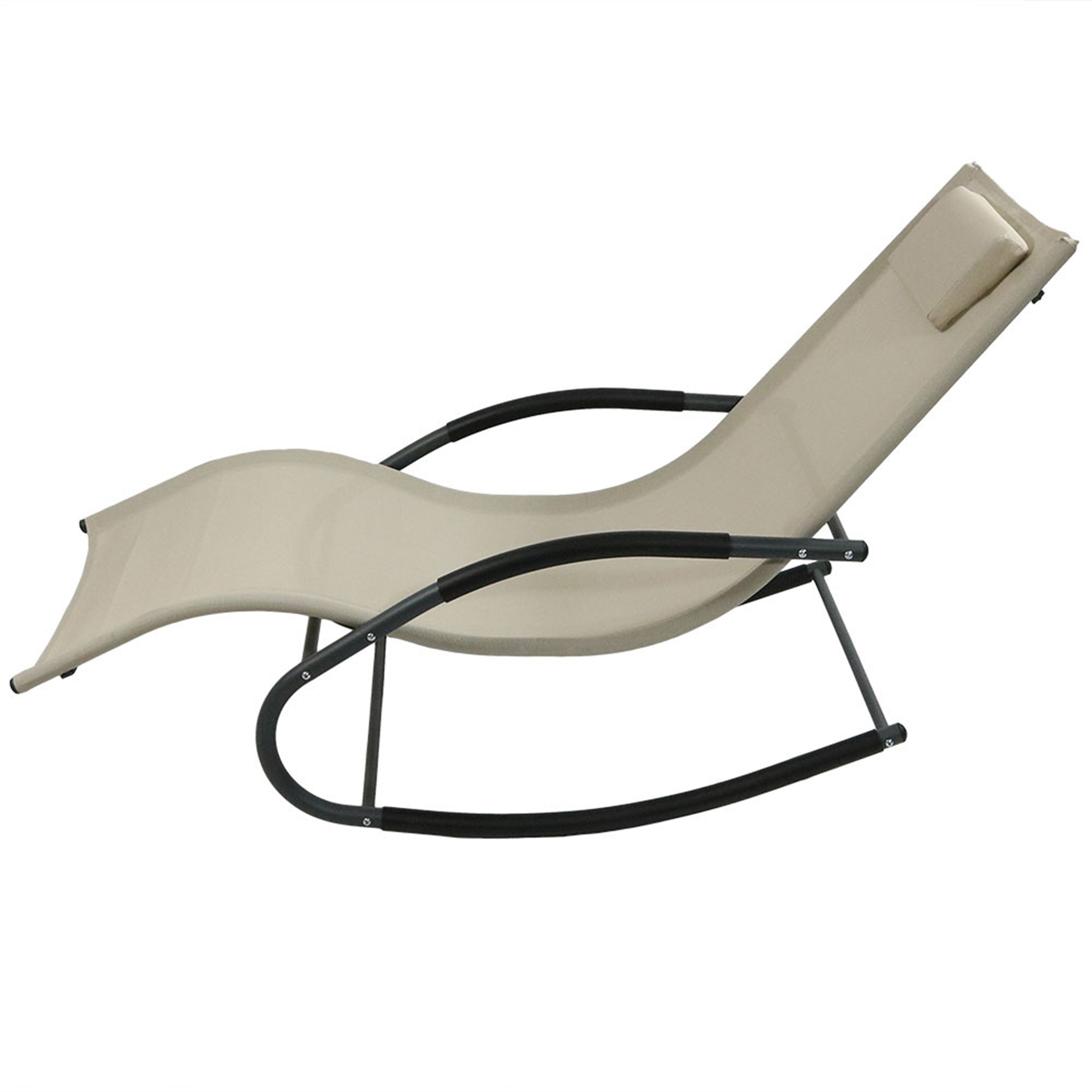 Sunnydaze Rocking Wave Lounger with Pillow - Beige Outdoor Patio Chair for Poolside, Beach, and Backyard Relaxation