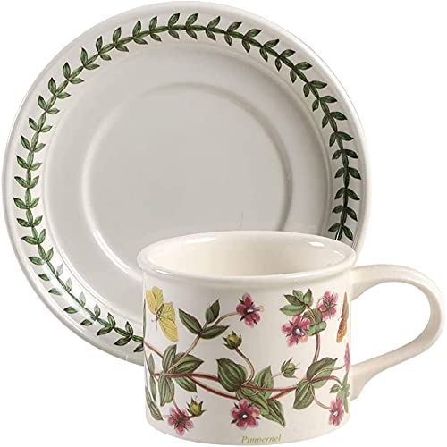 Portmeirion Botanic Garden 7oz Teacup and Saucer Set of 4 - Poppy Floral Design, Drum Shaped Porcelain Tea Cups with Chip-Resistant Glaze - Dishwasher, Microwave, Oven Safe - Perfect for Afternoon Tea, Bridal Shower, Mother's Day Gift, and Home Decor