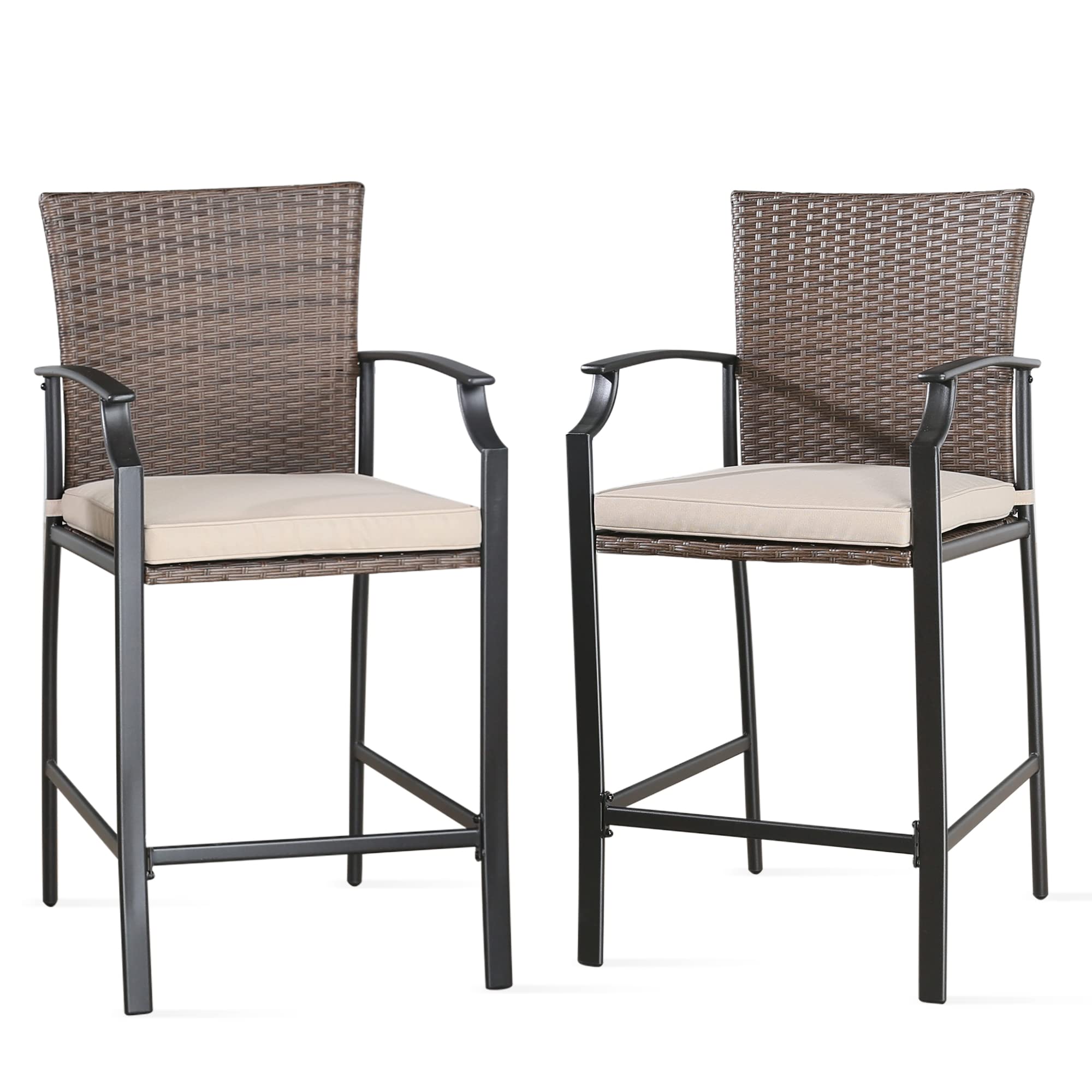 Ulax Furniture Set of 2 Outdoor Wicker Bar Stools - Metal Frame Patio Chairs with Armrests & 100% Olefin Cushions - Perfect for Backyard, Poolside & Outdoor Dining Areas
