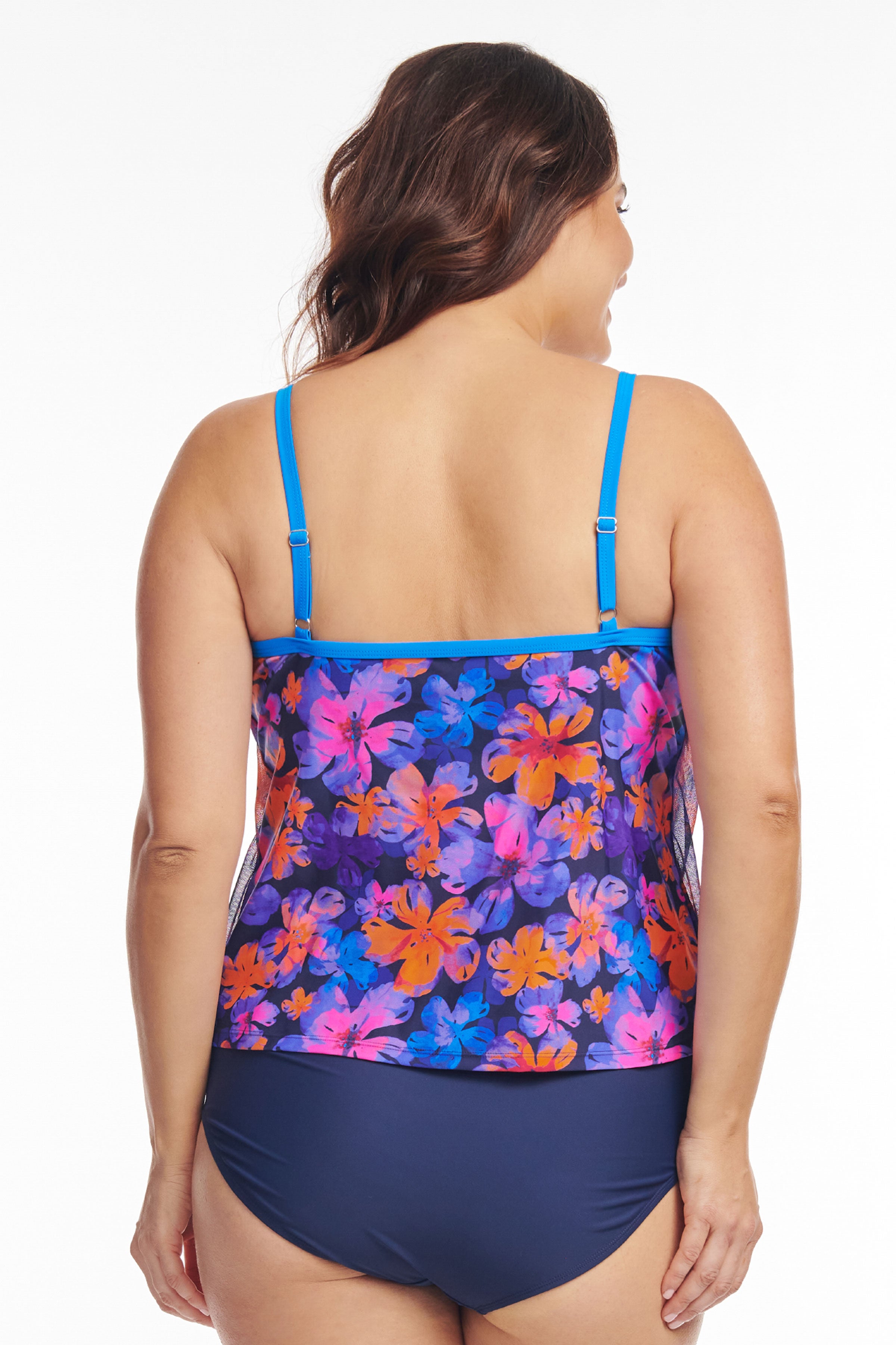 Plus Size Draped Tier Mesh Tankini Top - Iridescent Blooms Print Swimwear for Women | Beach Vacation, Pool Party & Summer Fashion