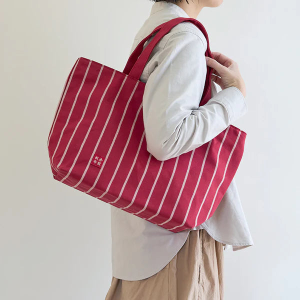 Kurashiki Hampu Japanese Canvas Tote Bag - Navy Blue Striped Pattern with Zipper | Stylish & Durable for Work, Travel & Shopping
