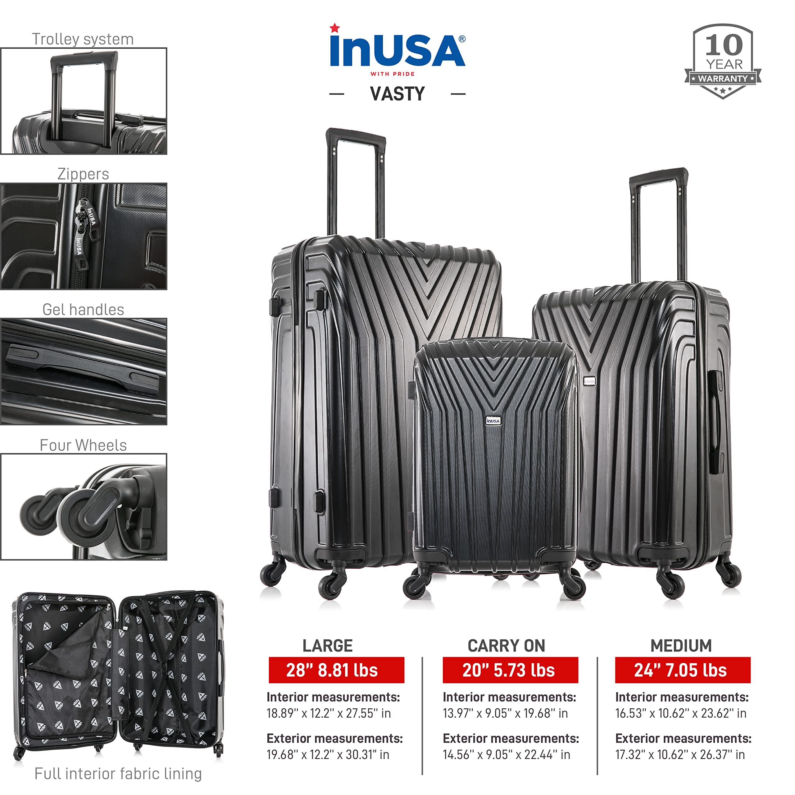InUSA VASTY 3-Piece Hardshell Luggage Set with Spinner Wheels - Durable Lightweight Suitcase (20in, 24in, 28in) for Travel - Black | Perfect for Business Trips, Family Vacations & International Travel