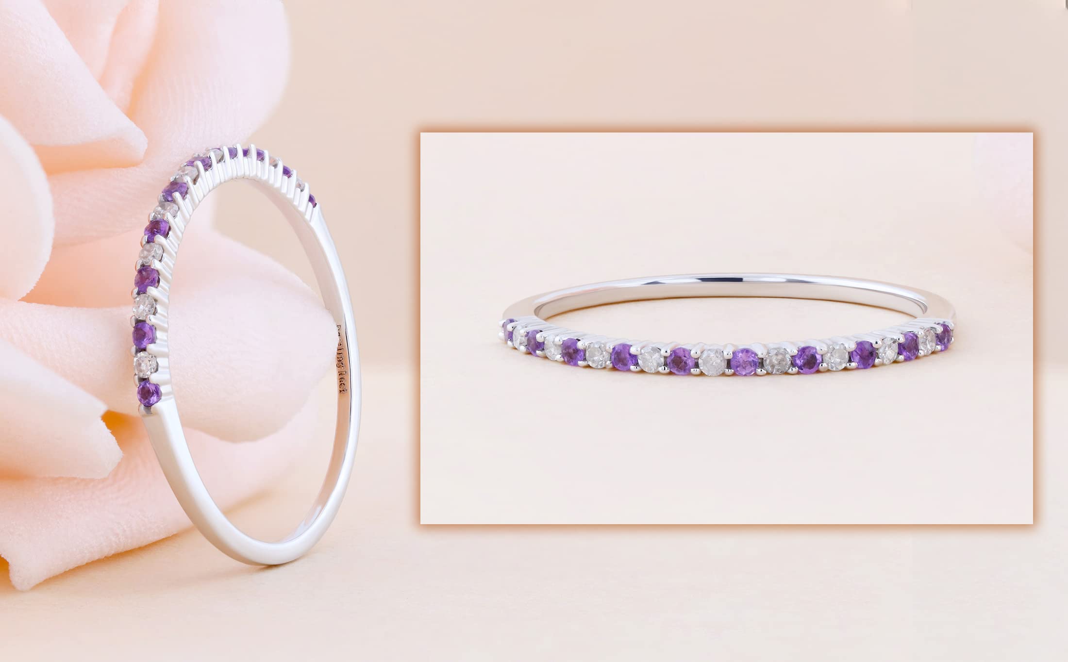10K Solid Gold Round Amethyst & White Diamond Stackable Wedding Band Ring for Women - Anniversary Gift, Bridal Jewelry, Stackable Rings for Everyday Wear
