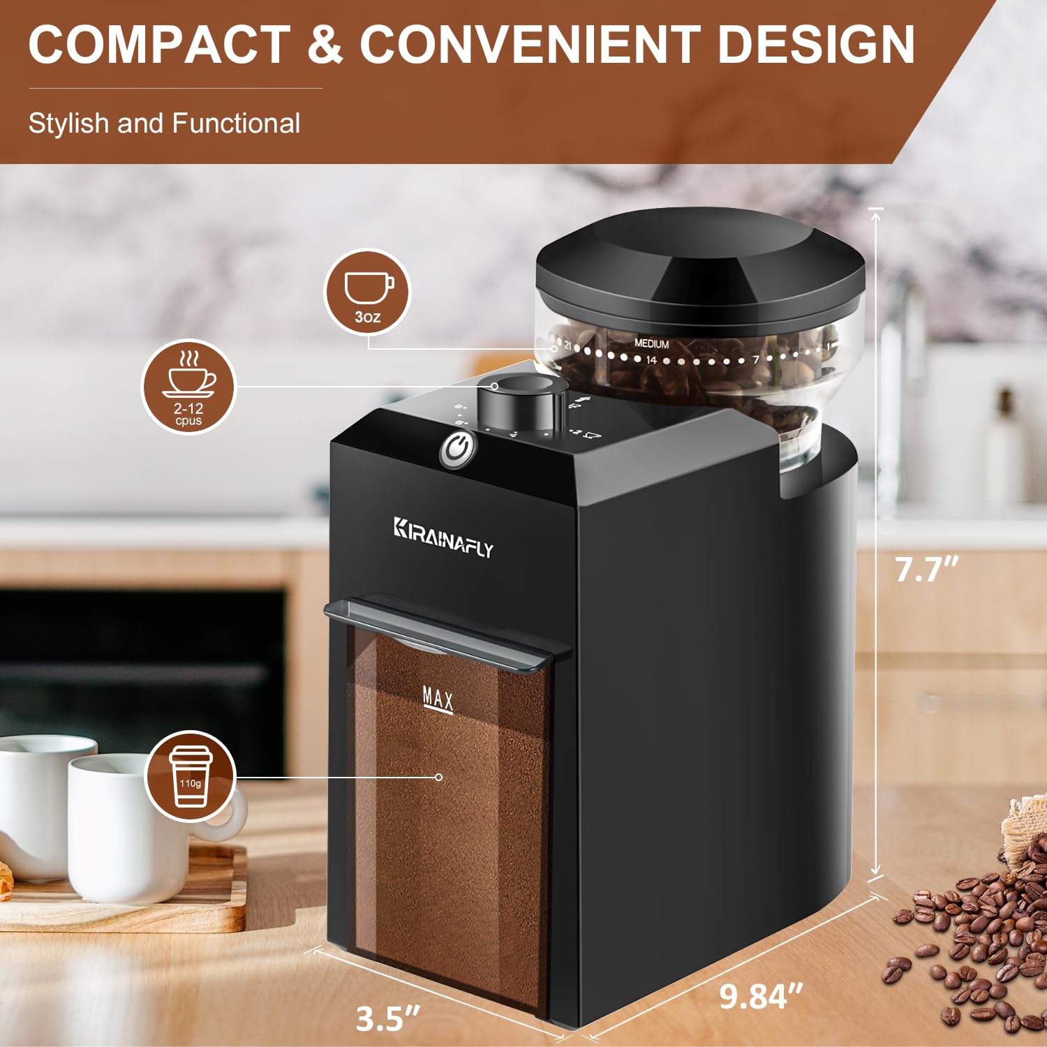 Premium Electric Burr Coffee Grinder - Adjustable 28-Position Precision Bean Grinder for Espresso, Drip & French Press (2-12 Cups) - Perfect for Home Kitchens & Coffee Shops - Black