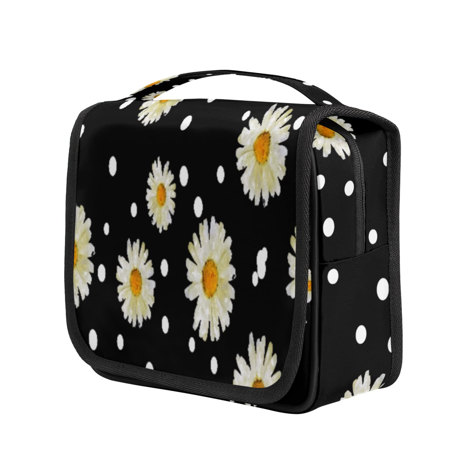 Waterproof Hanging Travel Toiletry Bag - Large Capacity Cosmetic Organizer with Black Daisy Design for Women & Men | Perfect for Camping, Gym, Business Trips & Vacation