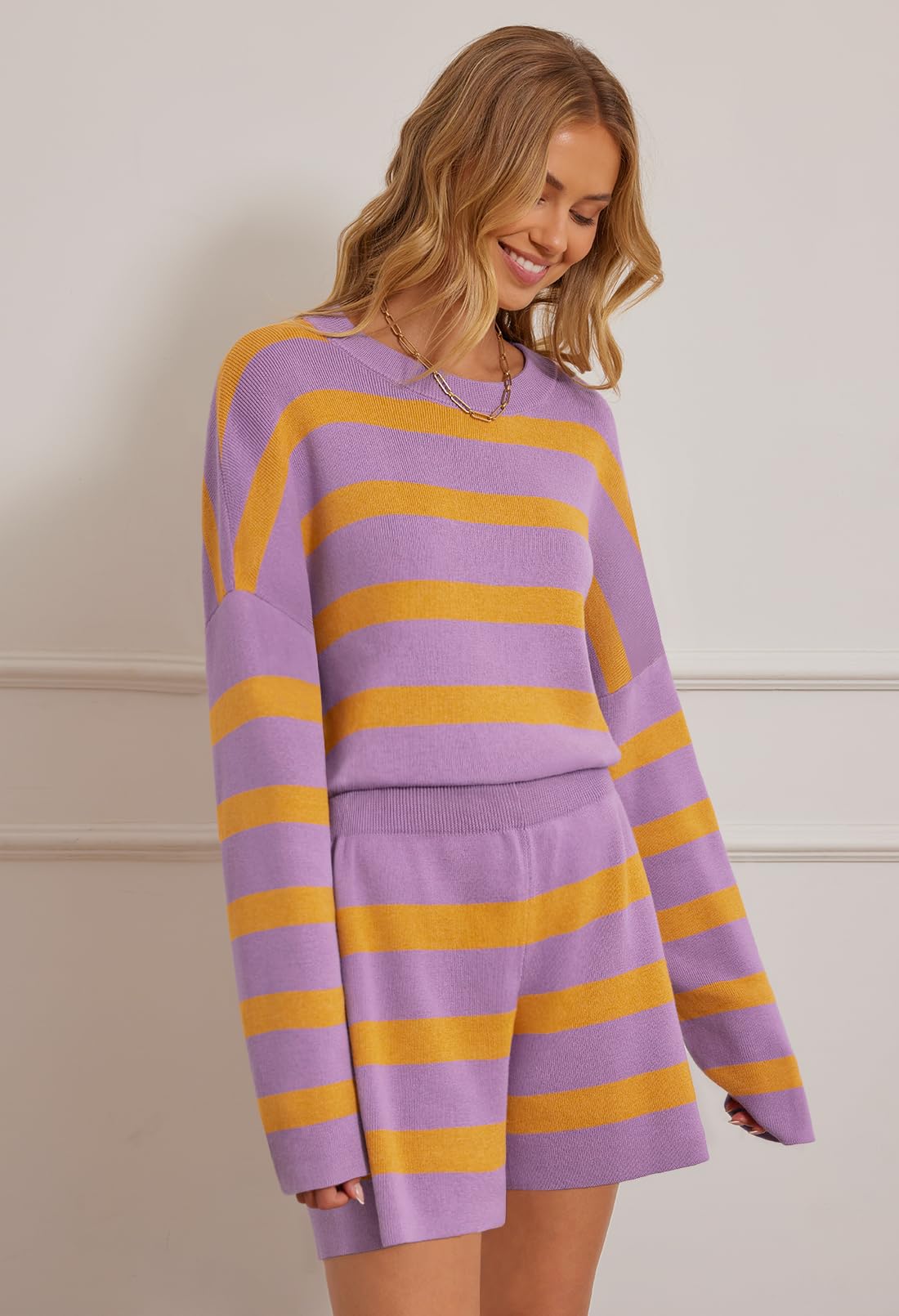 MEROKEETY Women's 2-Piece Sweater Lounge Set - Striped Long Sleeve Top & Shorts - Oversized Matching Outfit for Women - Cozy Loungewear for Home, Yoga & Casual Wear