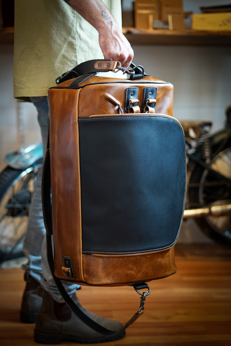 Duffleback Warrior Backpack - Two Tone Golden Maple Brown & Flat Black Accents - Durable Travel & Gym Bag for Outdoor Adventures & Daily Commute
