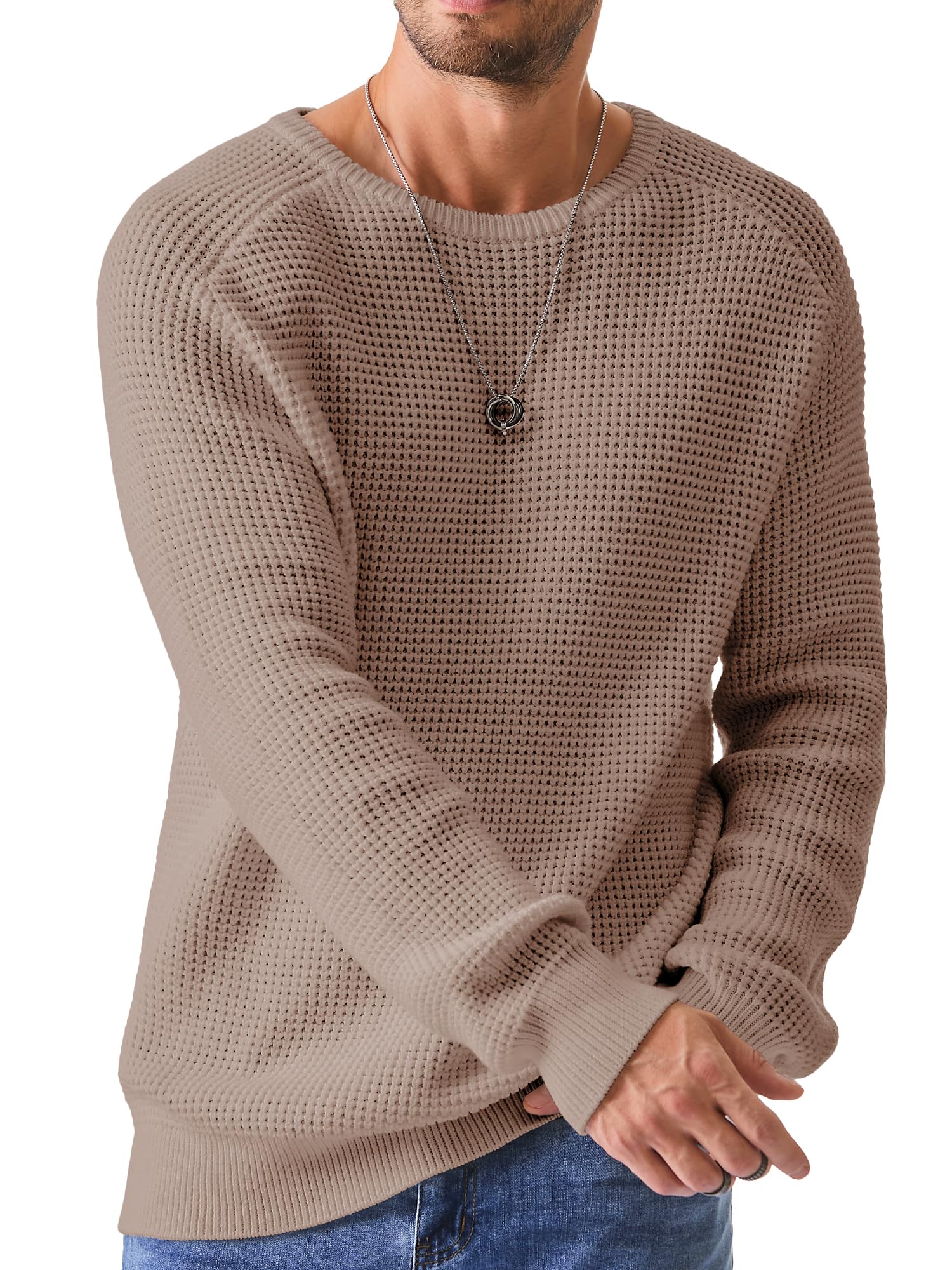 JMIERR Men's Waffle Knit Crewneck Sweater - Textured Pullover with Ribbed Edges | Casual Loose Fit Winter Sweater for Men | Perfect for Office, Date Night & Weekend Outings