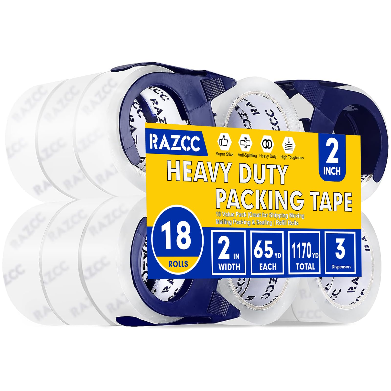 Premium Clear Packing Tape - 18 Rolls Heavy Duty Packaging Tape with Dispensers (2