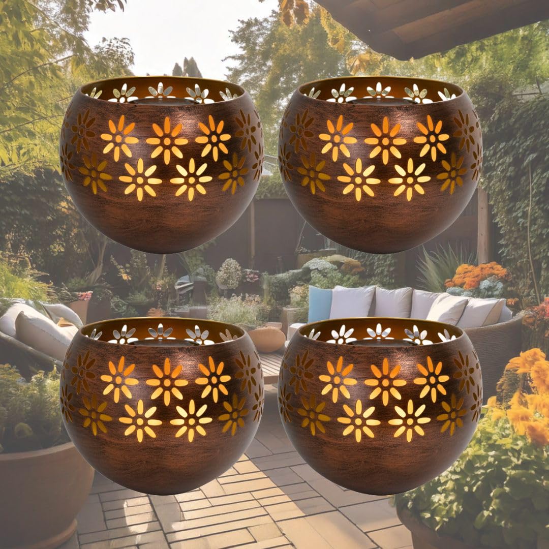 Original Solar Fire Bowl 8” (4-Pack) - Decorative Metal Solar Patio Lights with Realistic Flickering Flame, Waterproof Dusk-to-Dawn Outdoor Garden Lantern in Bronze/Copper Finish - Perfect for Backyard, Deck, Pathway & Landscape Lighting