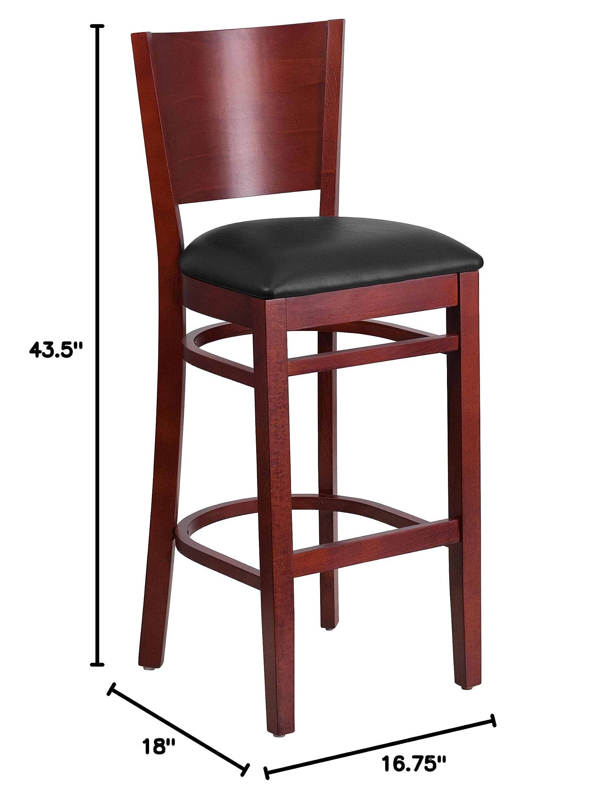 Solid Mahogany Wood Barstool with Black Vinyl Seat - Durable Bar Stool for Kitchen Island, Home Bar & Restaurant Use