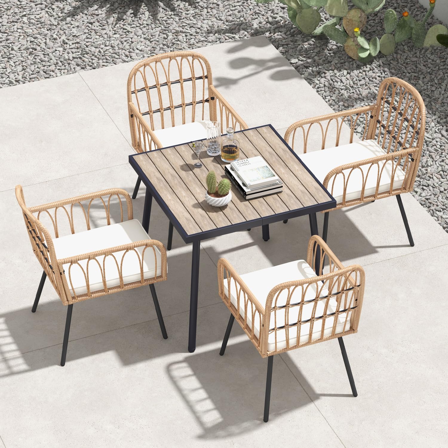 LYNSLIM 5-Piece Outdoor Dining Set - Rattan Patio Table & Chairs with Plastic-Wood Tabletop, 4 Wicker Chairs & Cushions - Perfect for Patio, Poolside, Balcony, Garden & Backyard Entertaining
