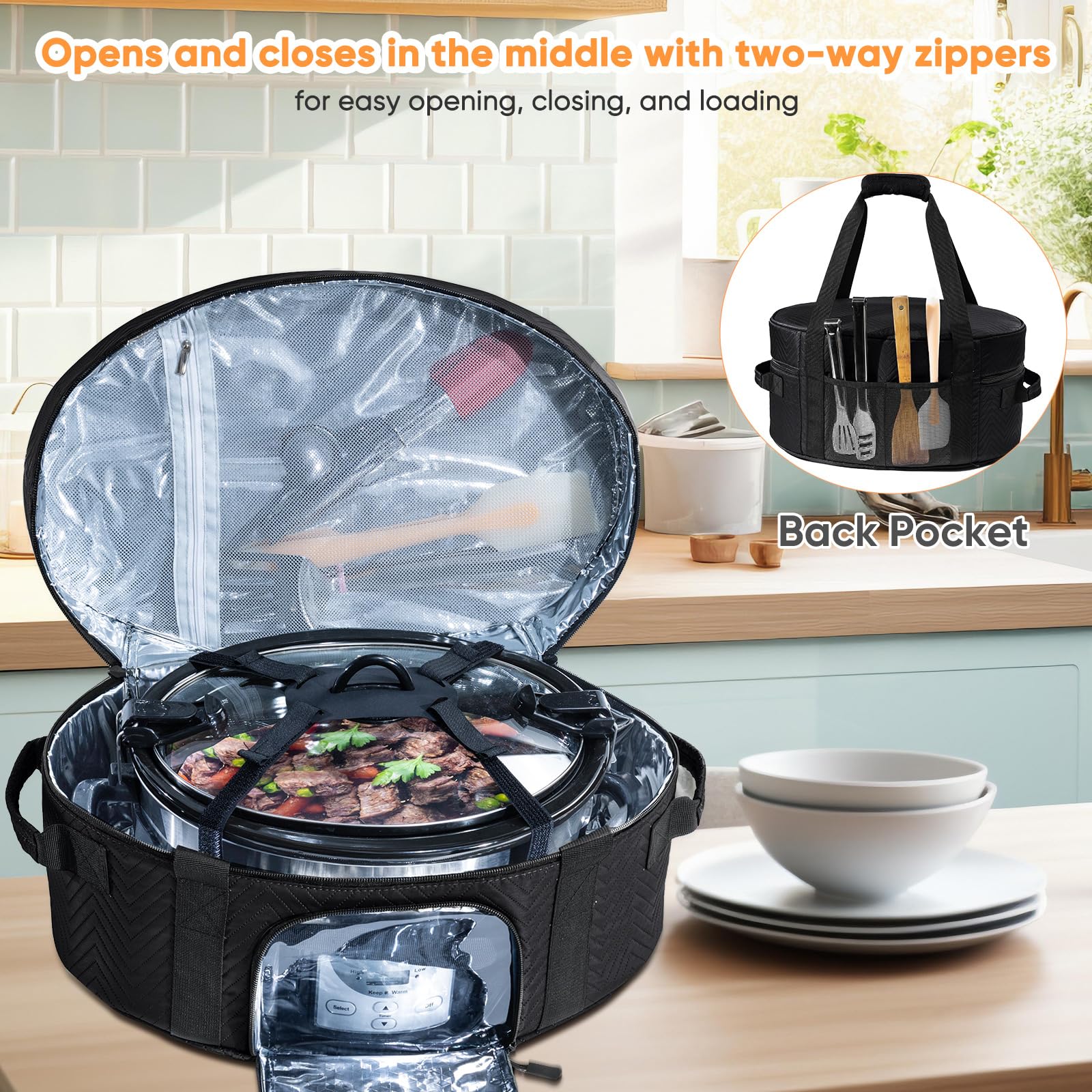Insulated Slow Cooker Carrying Bag for 6-8 Quart CrockPot & Hamilton Beach - Portable Thermal Cooker Case with Adjustable Strap, See-Through Window & Accessory Pocket - Perfect for Picnics, Potlucks & Travel