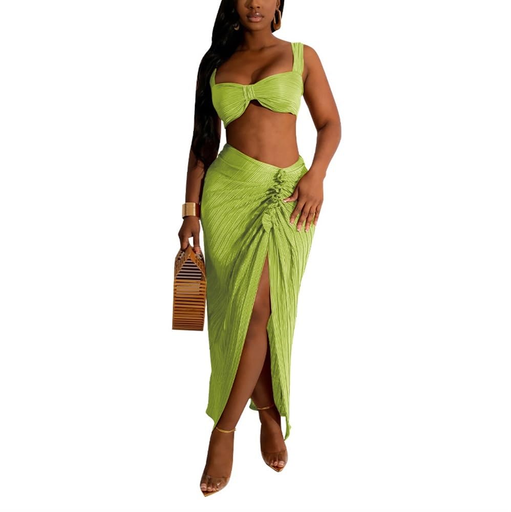 Sexy Women's 2-Piece Outfit Set - Solid Color Camisole Bra & High-Slit Pleated Maxi Skirt - Resort Wear (Green, Small) | Perfect for Beach Vacations, Summer Parties & Date Nights