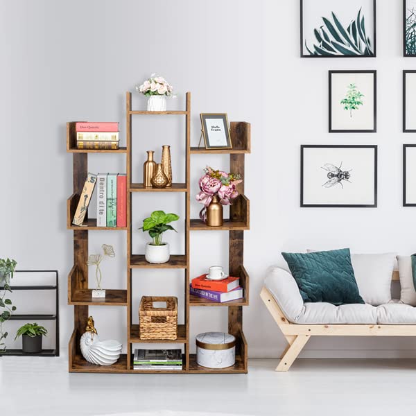 12-Shelf Bookcase - Modern Tree Bookshelf for Books, CDs, Records | Space-Saving Storage Organizer | Home Office & Living Room Decor (Vintage Style) - Perfect for Small Spaces, Dorm Rooms & Book Lovers