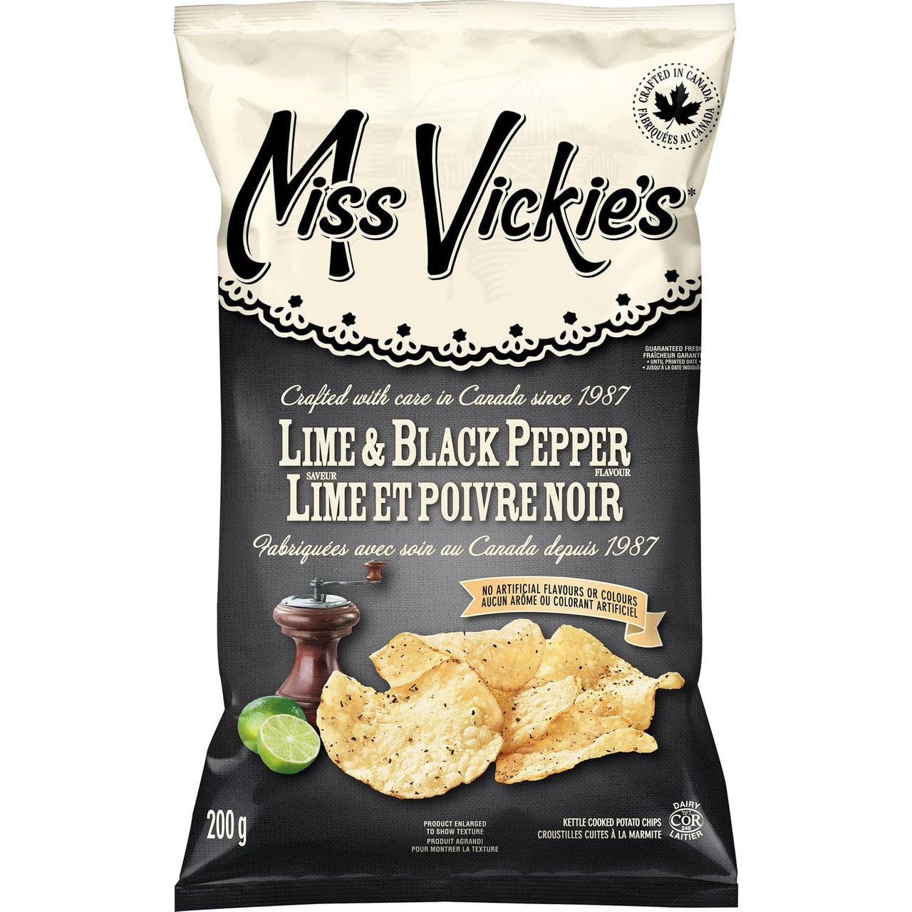 Miss Vickie's Kettle Cooked Lime & Black Pepper Potato Chips 200g (7.1 oz) - Crunchy Canadian Snacks for Parties, Picnics & Movie Nights