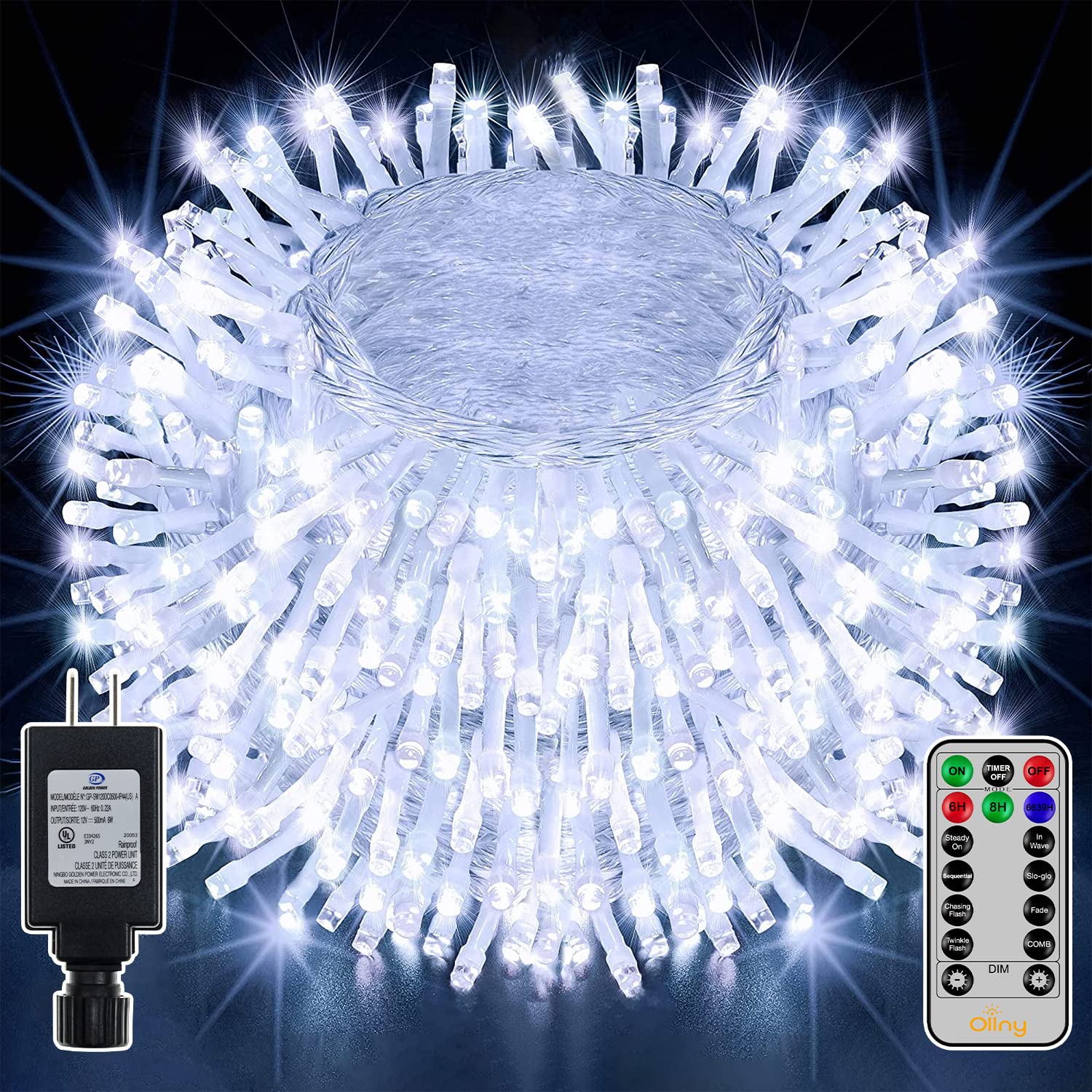 Ollny 131FT 396LED Outdoor Waterproof String Lights with Remote - 8 Modes Plug in Christmas Fairy Lights for Tree, Patio, Party, Garden, Bedroom, Classroom (Cool White) | Perfect for Holiday Decorations, Wedding Backdrops & Cozy Ambiance Lighting