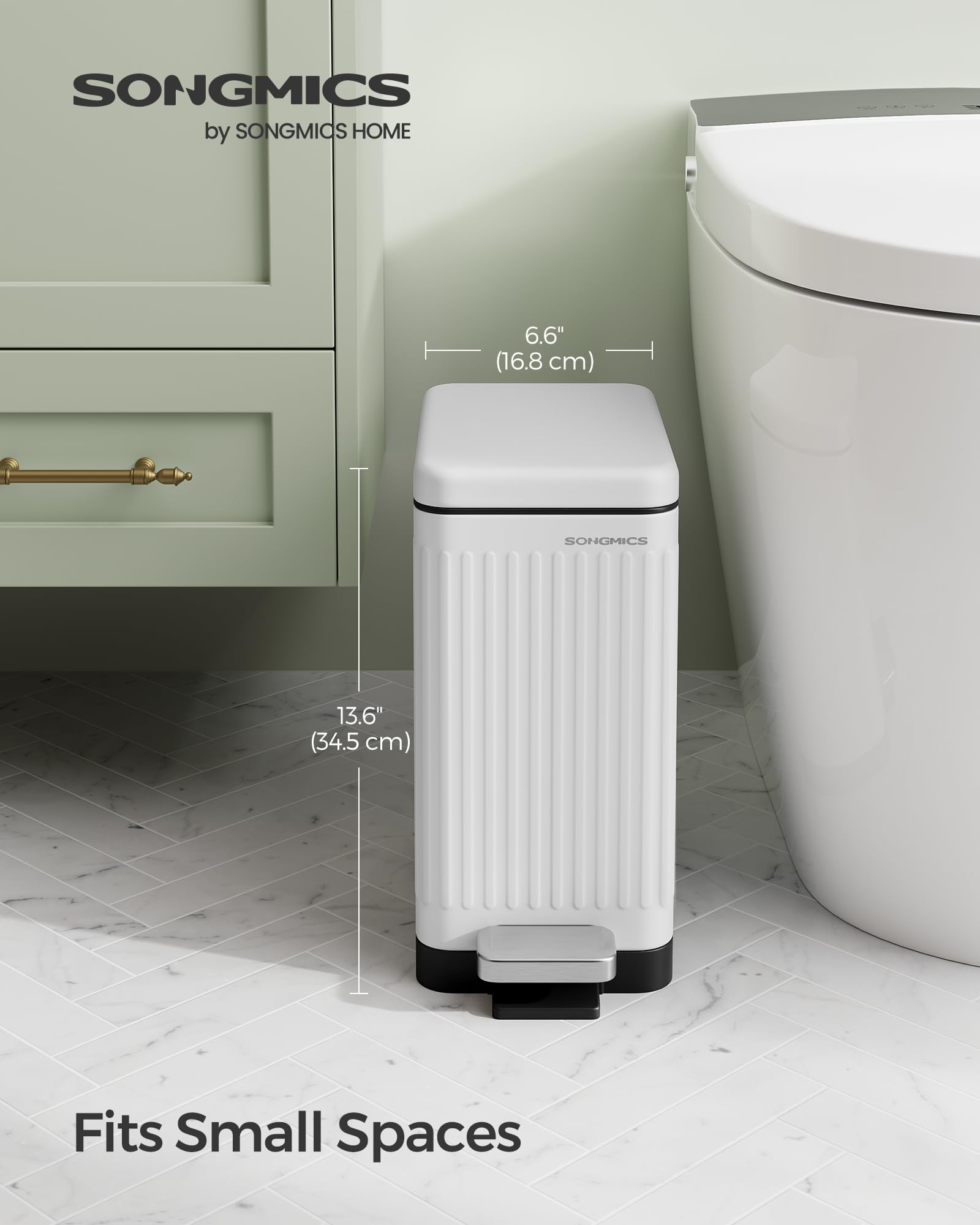 SONGMICS 2.6-Gallon Slim Stainless Steel Bathroom Trash Can with Soft-Close Lid - White ULTB562W01 - Perfect for Small Spaces, Toilets, and Compact Bathrooms