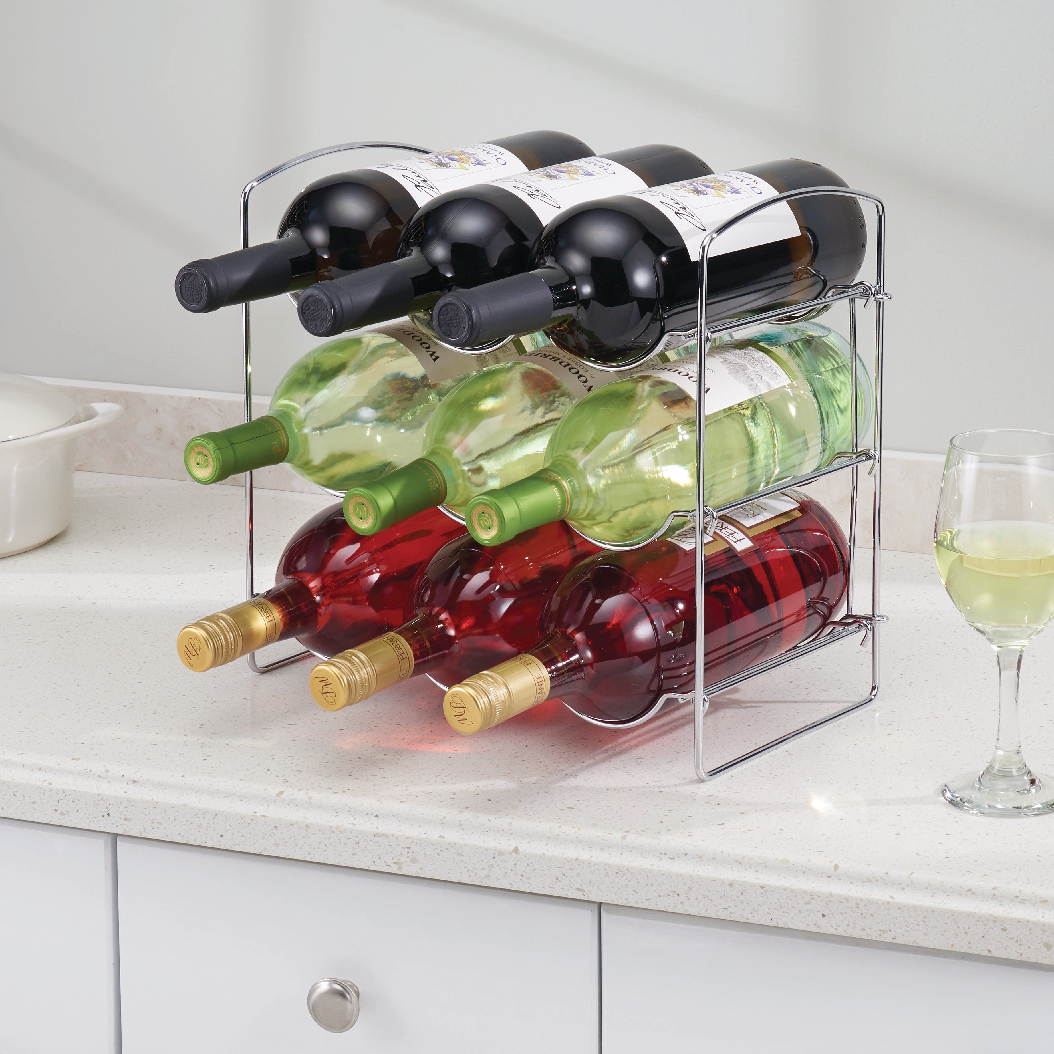 9 Bottle Chrome Wine Rack - Space Saving Countertop or Wall Mount Wine Storage Organizer for Kitchen, Dining Room, Bar or Cellar