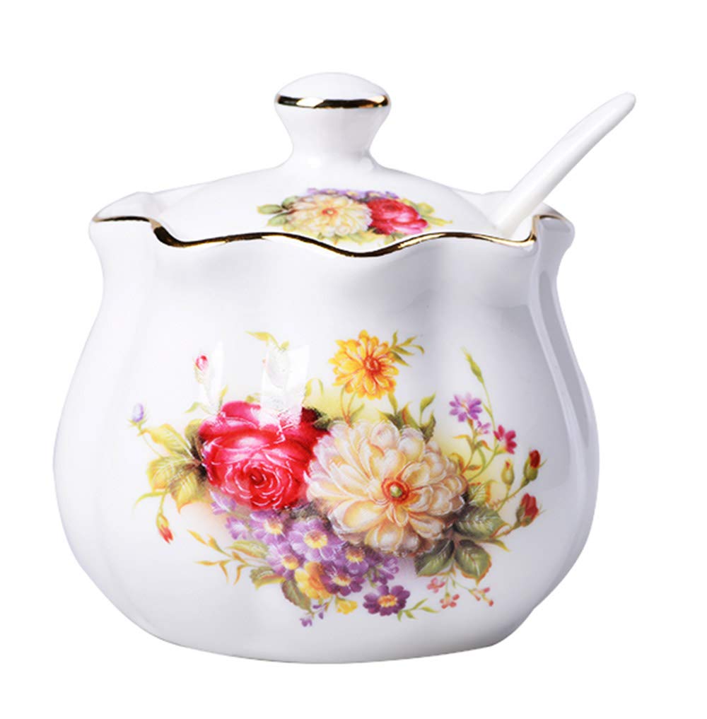 Vintage Ceramic Sugar Bowl with Lid and Spoon - Retro Floral Design Spice Jar for Tea, Coffee, Baking & Kitchen Storage - Perfect for Home, Restaurant & Gift Giving