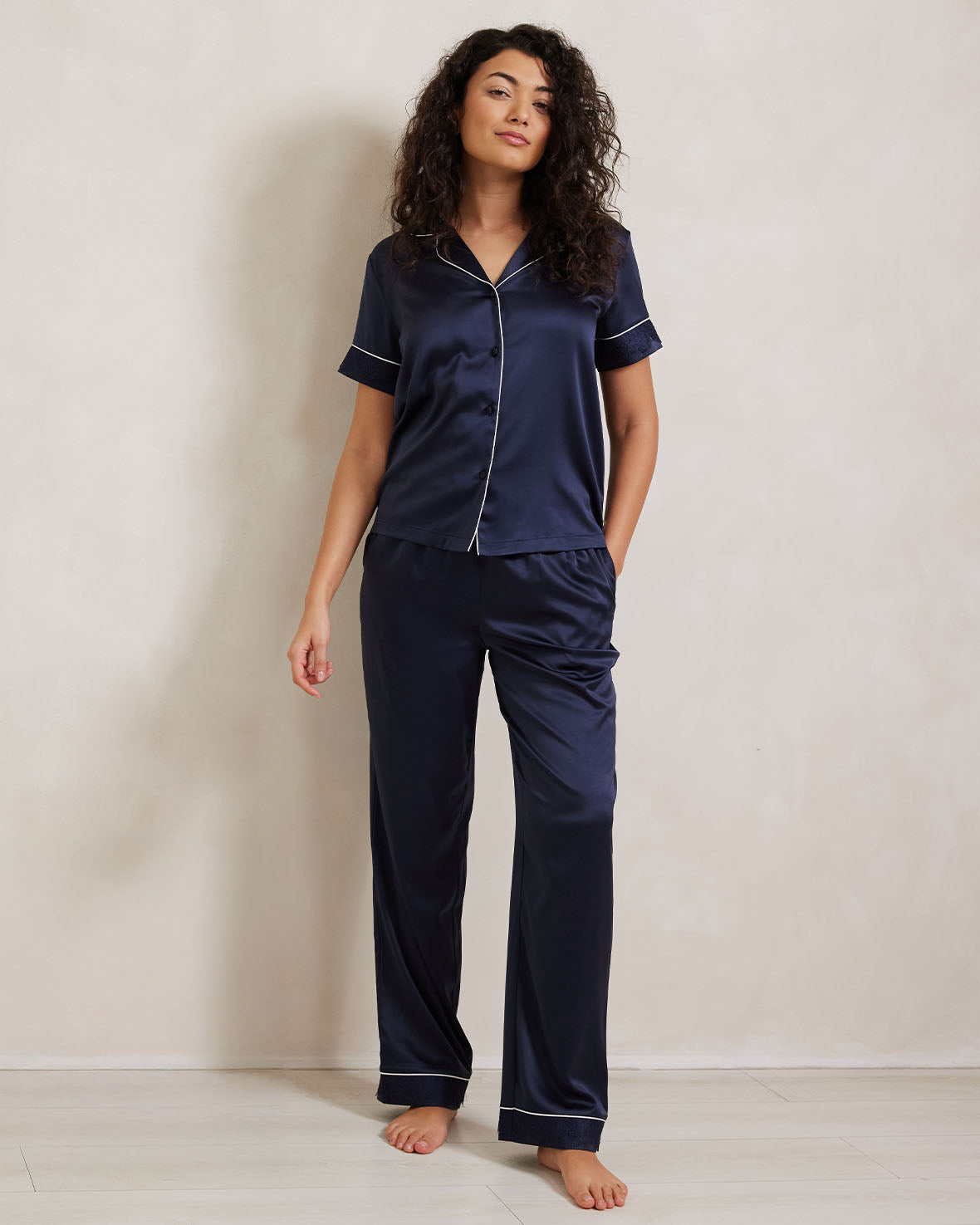 Satin Lace Trim Short Sleeve Long Pajama Set for Women - Soft & Comfortable Sleepwear - Navy Blue - Perfect for Nightwear, Lounging & Relaxation at Home
