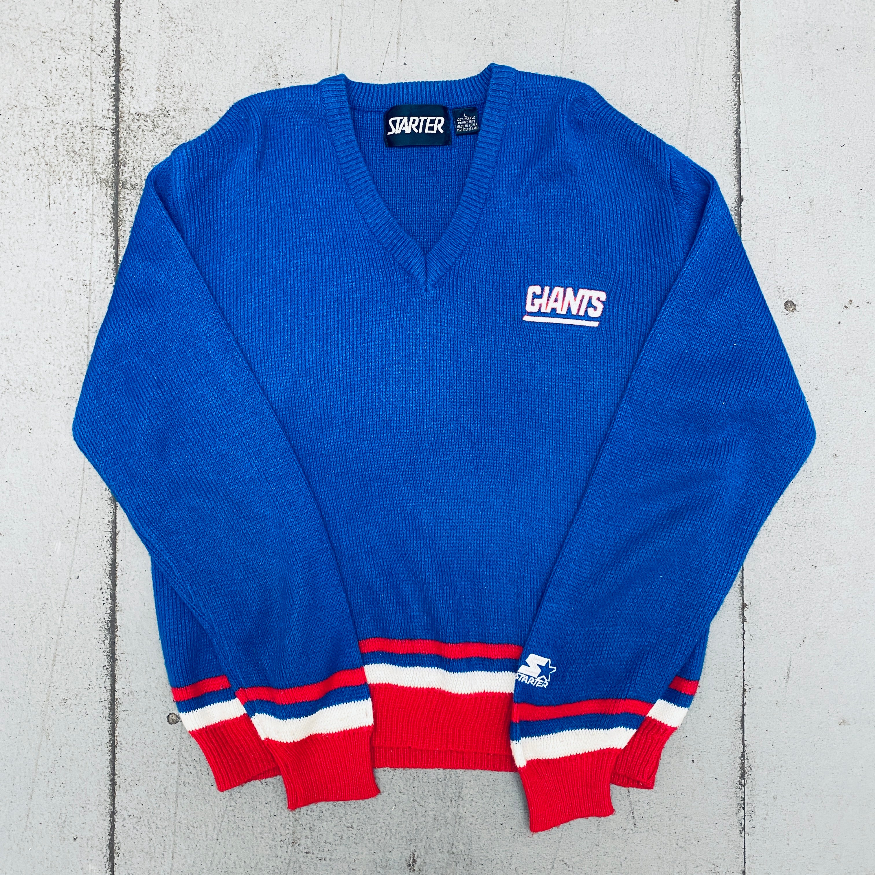 Vintage 1980s New York Giants Knit V-Neck Sweatshirt - Starter Brand (Size L) - Perfect for Game Day, Retro Fashion & NFL Fan Gifts