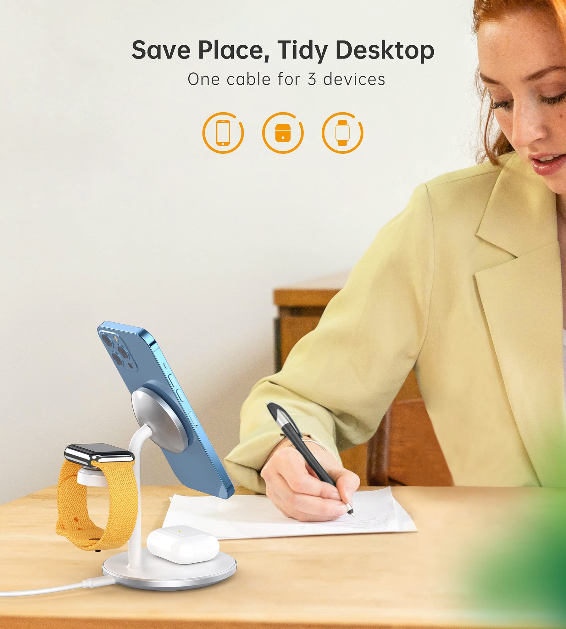 3-in-1 Wireless Charging Station for iPhone 16/15/14/13/12 Pro Max/Plus/Pro/Mini, Apple Watch Ultra 1/2/S9/S8 & AirPods - 15W Fast MagSafe Charger Stand with 20W Adapter - Perfect for Home, Office & Nightstand Charging