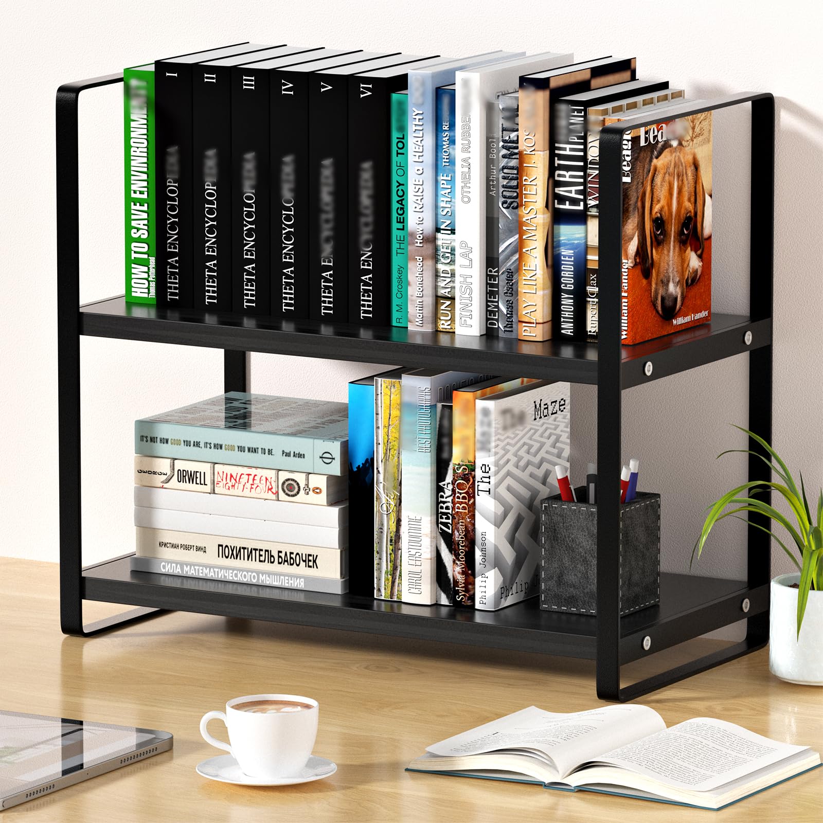 2-Tier Wooden Desk Shelf Organizer - Office Storage Rack for Books, Supplies & Decor | Perfect for Desk, Dresser Top | Ideal for Home, Office & Dorm Organization (Black)