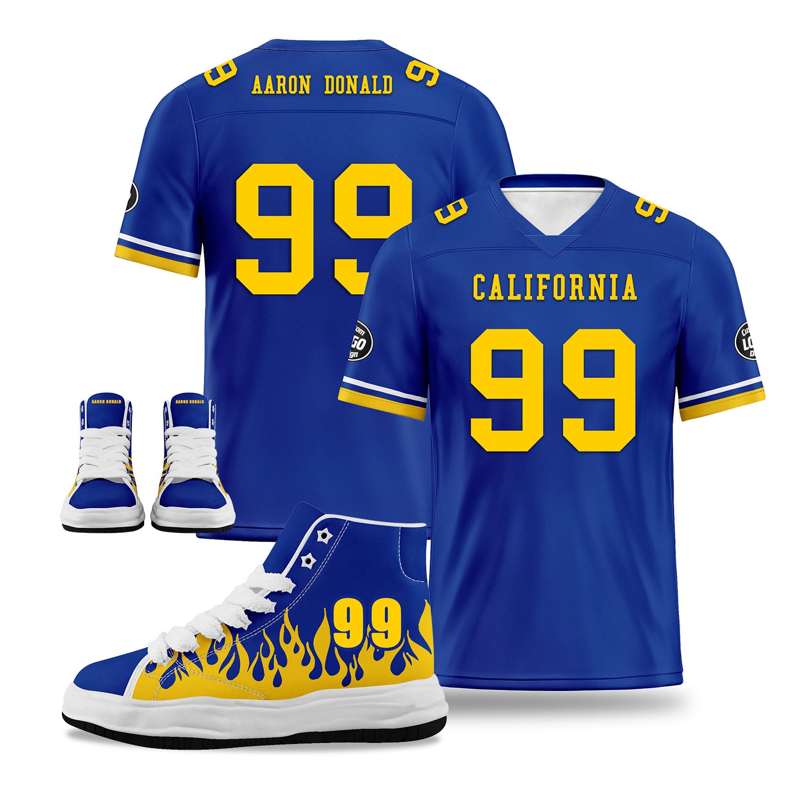 Custom Blue & Yellow Los Angeles Football Jersey with Firesoul Sports Shoes Combo - Personalized Soccer Uniform & Cleats Set for Men - Perfect for Game Day, Training & Fan Support